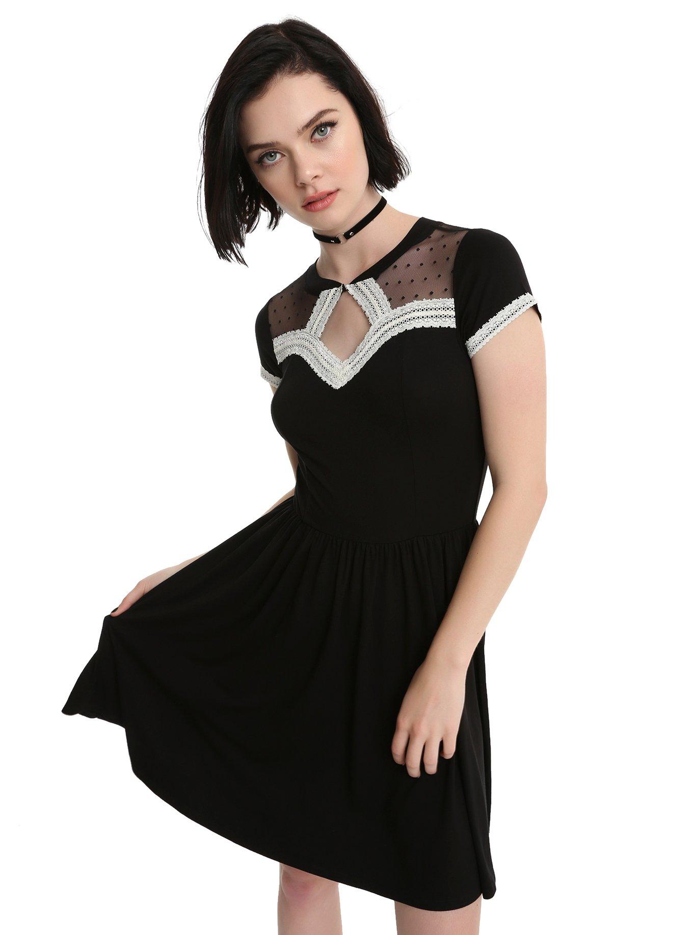 Black Swiss Dot Mesh Keyhole Dress, BLACK, hi-res