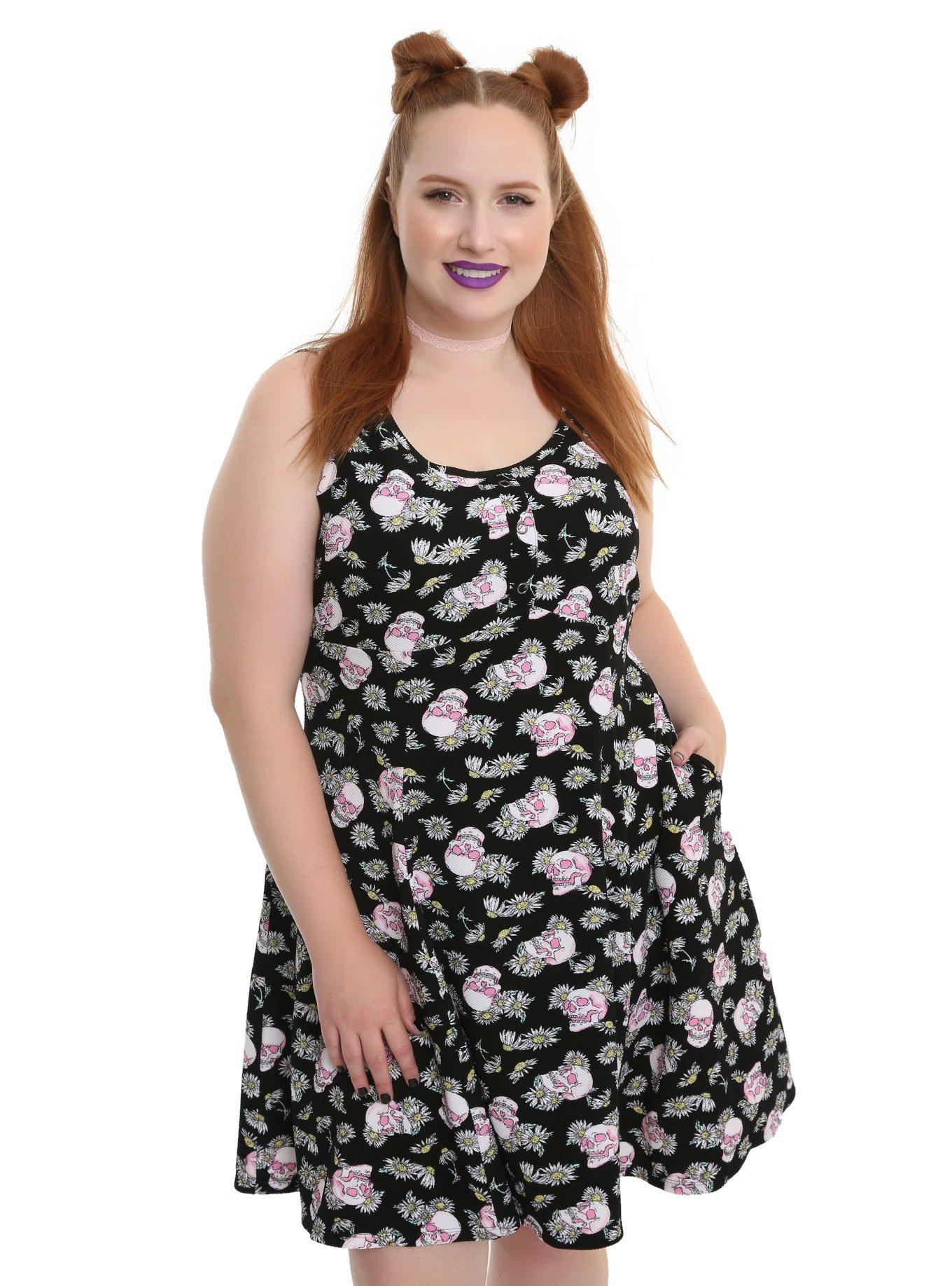 Daisy & Skull Fit & Flare Dress Plus Size, BLACK, hi-res