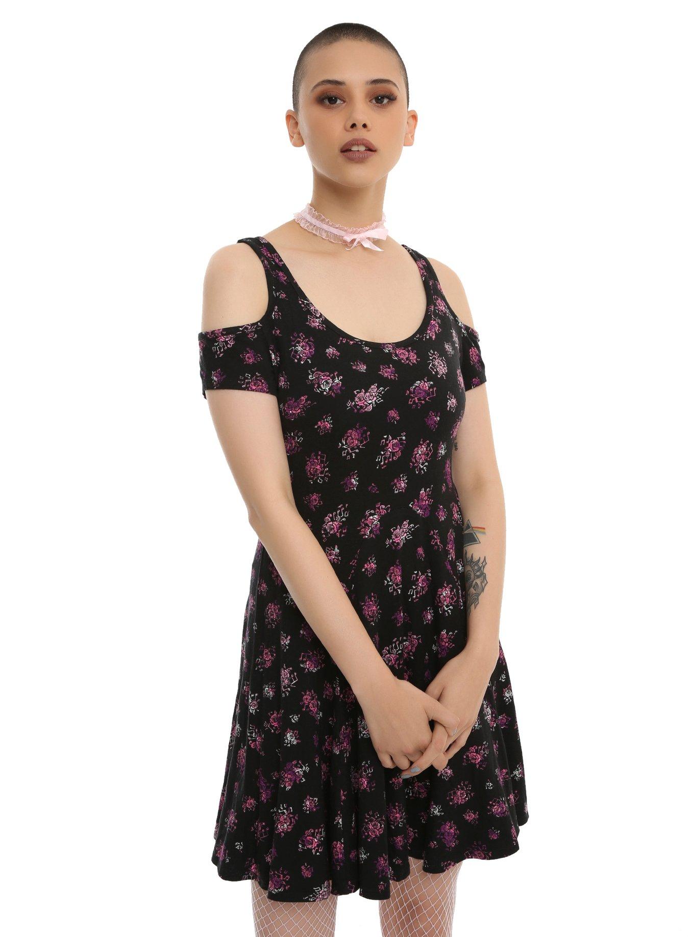 Music Note Floral Cold Shoulder Dress, BLACK, hi-res