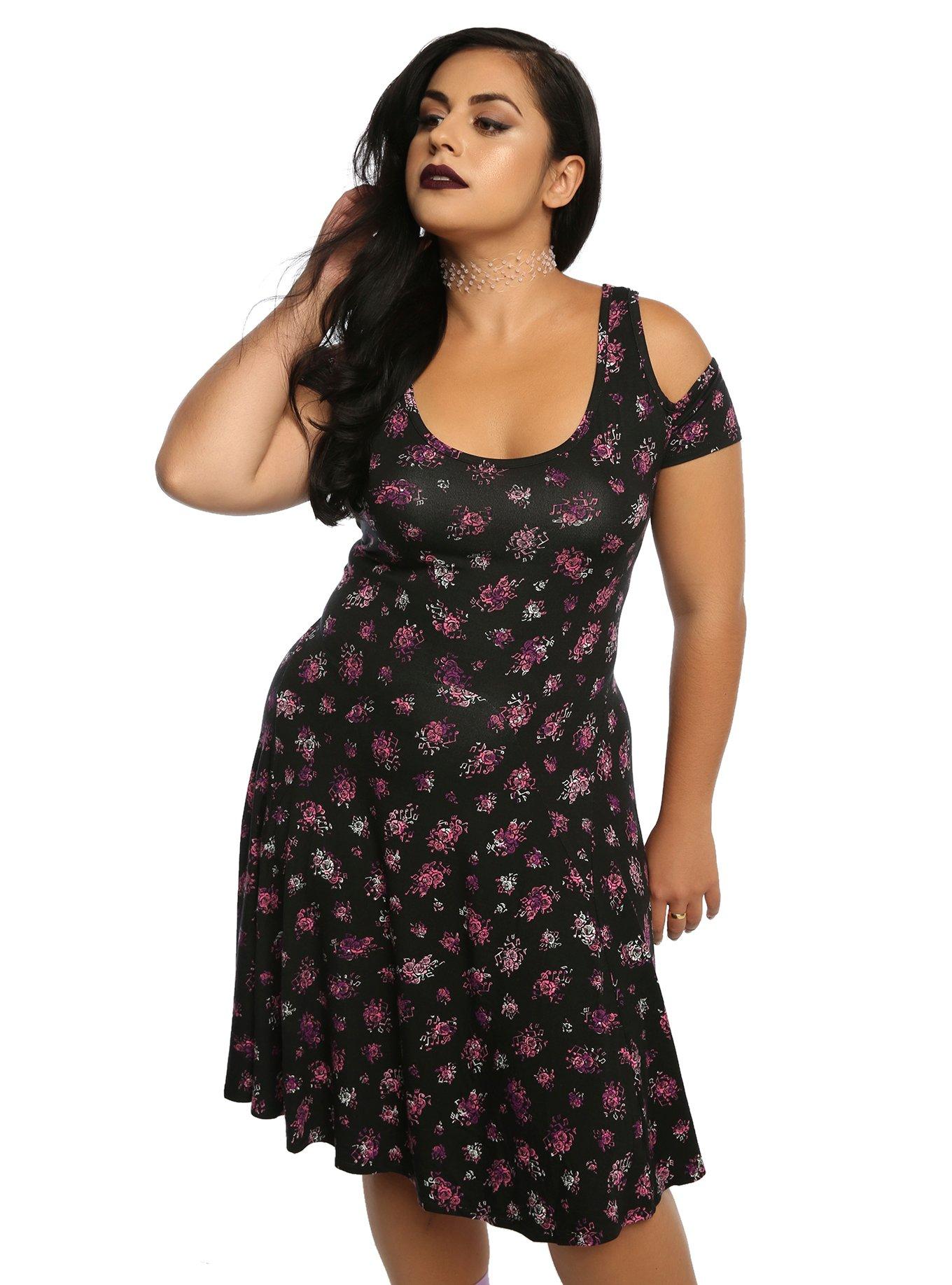 Music Note Floral Cold Shoulder Dress Plus Size, BLACK, hi-res