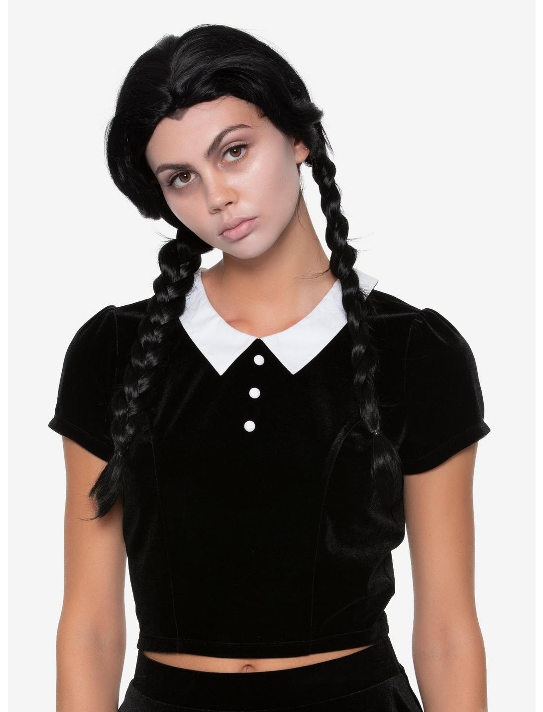 Black & White Collar Short Sleeve Girls Crop Top, BLACK, hi-res