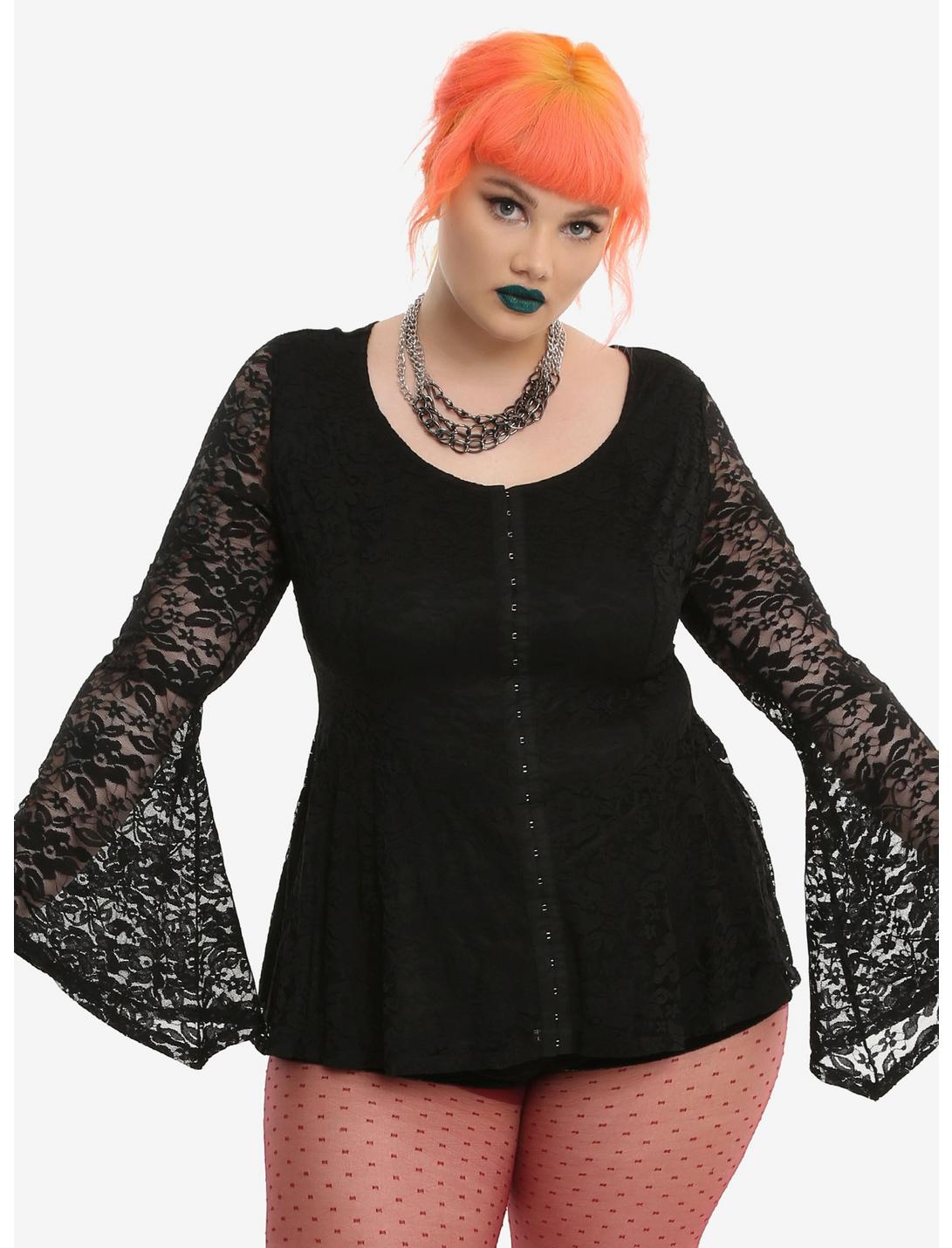 Black Lace Bell Sleeve Girls Peplum Top Plus Size, BLACK, hi-res