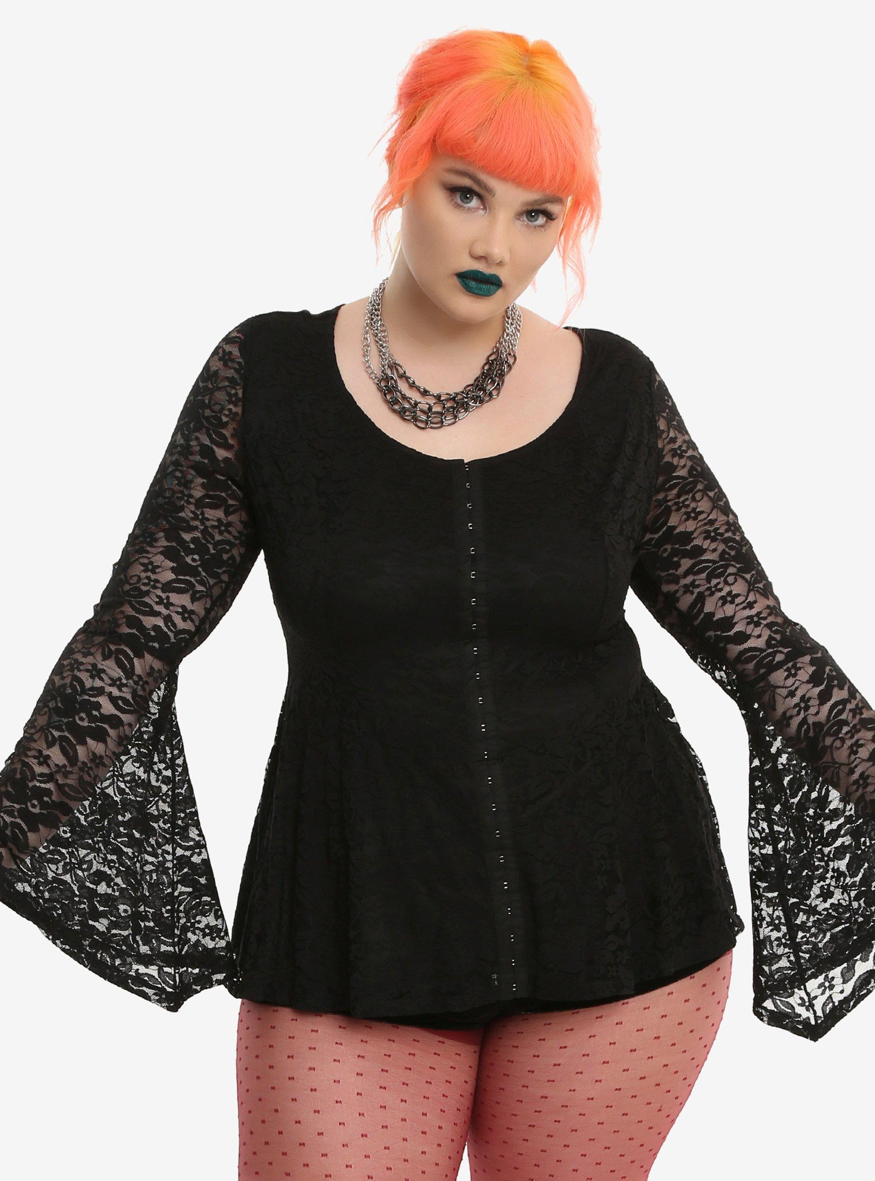 Black Lace Bell Sleeve Girls Peplum Top Plus Size, BLACK, hi-res