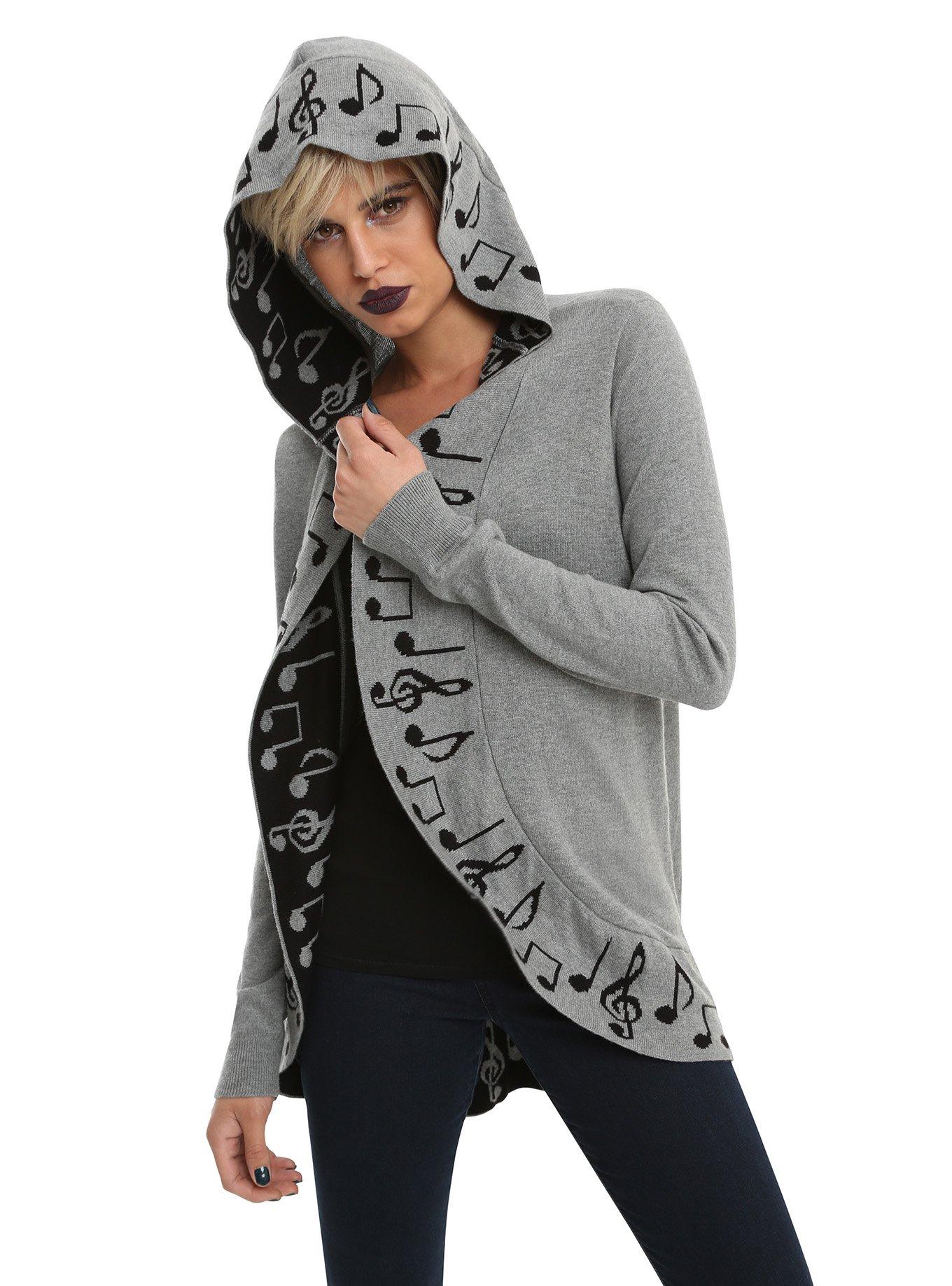 Grey & Black Music Note Border Girls Cardigan, GREY, hi-res