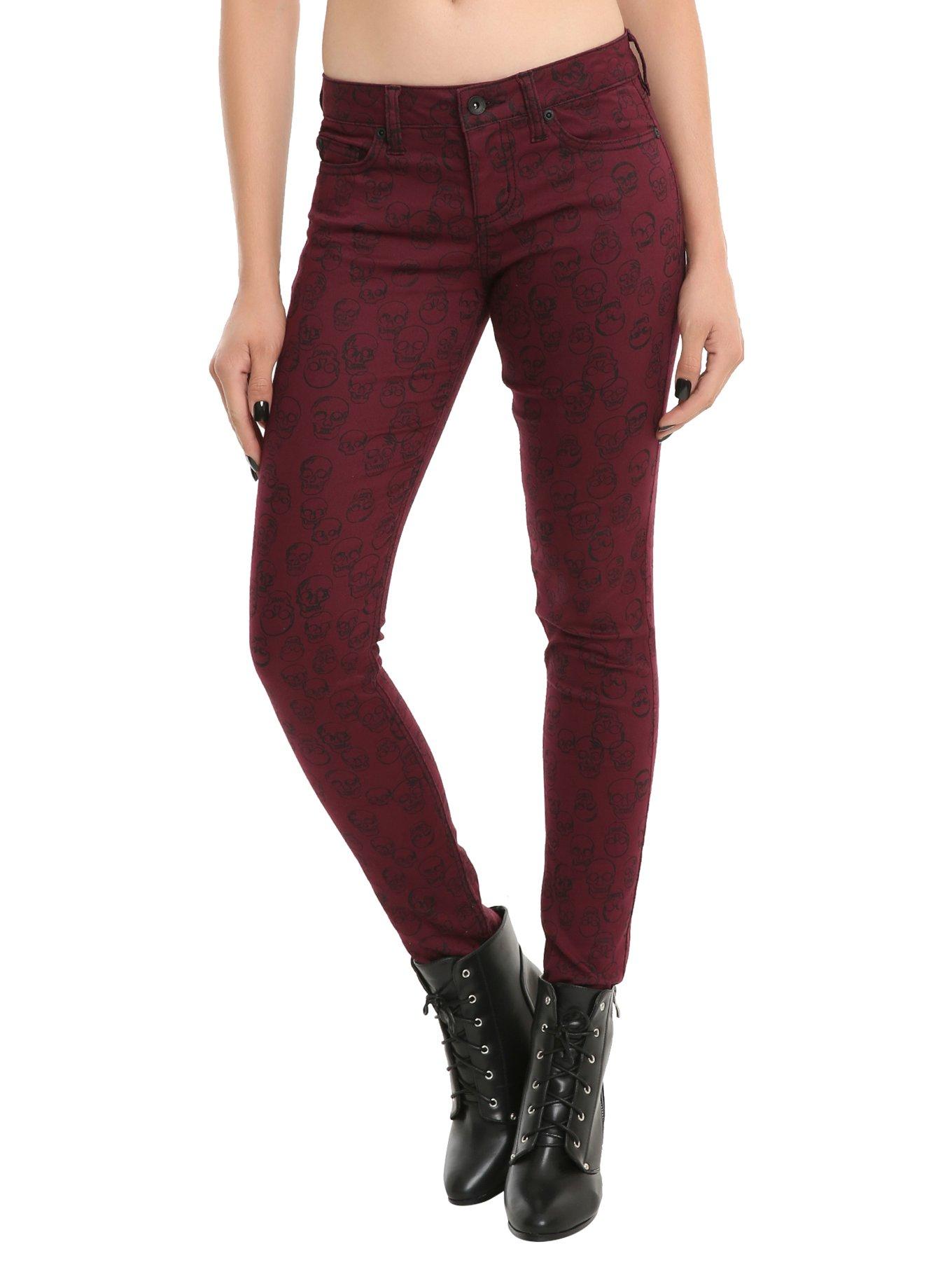 Blackheart Burgundy Skull Print Skinny Jeans, RED, hi-res