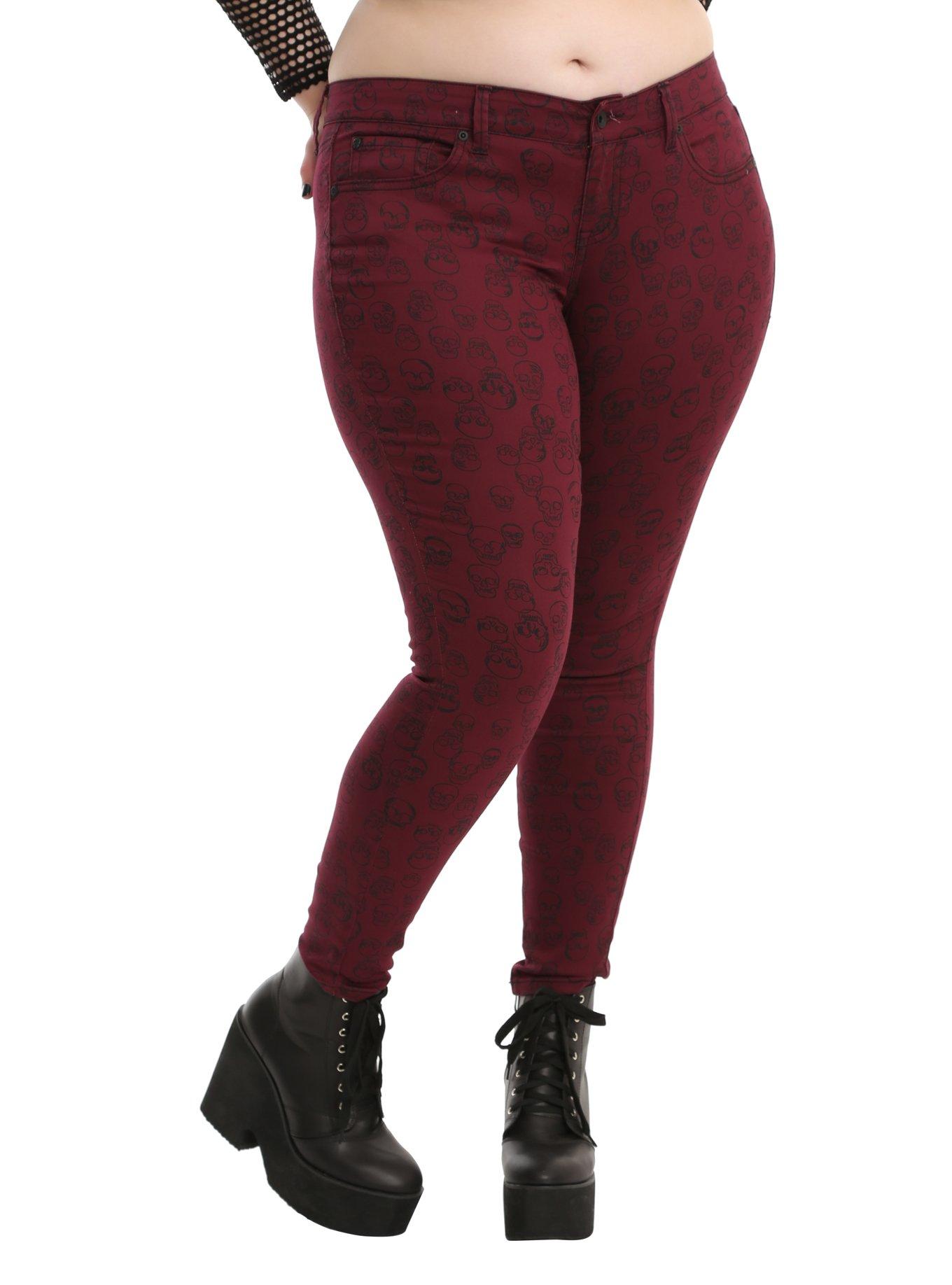 Blackheart Burgundy Skull Print Skinny Jeans Plus Size, RED, hi-res