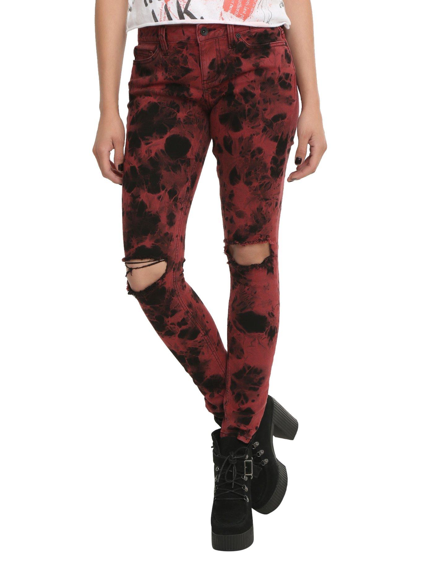 Blackheart Red & Black Acid Wash Skinny Jeans, RED, hi-res