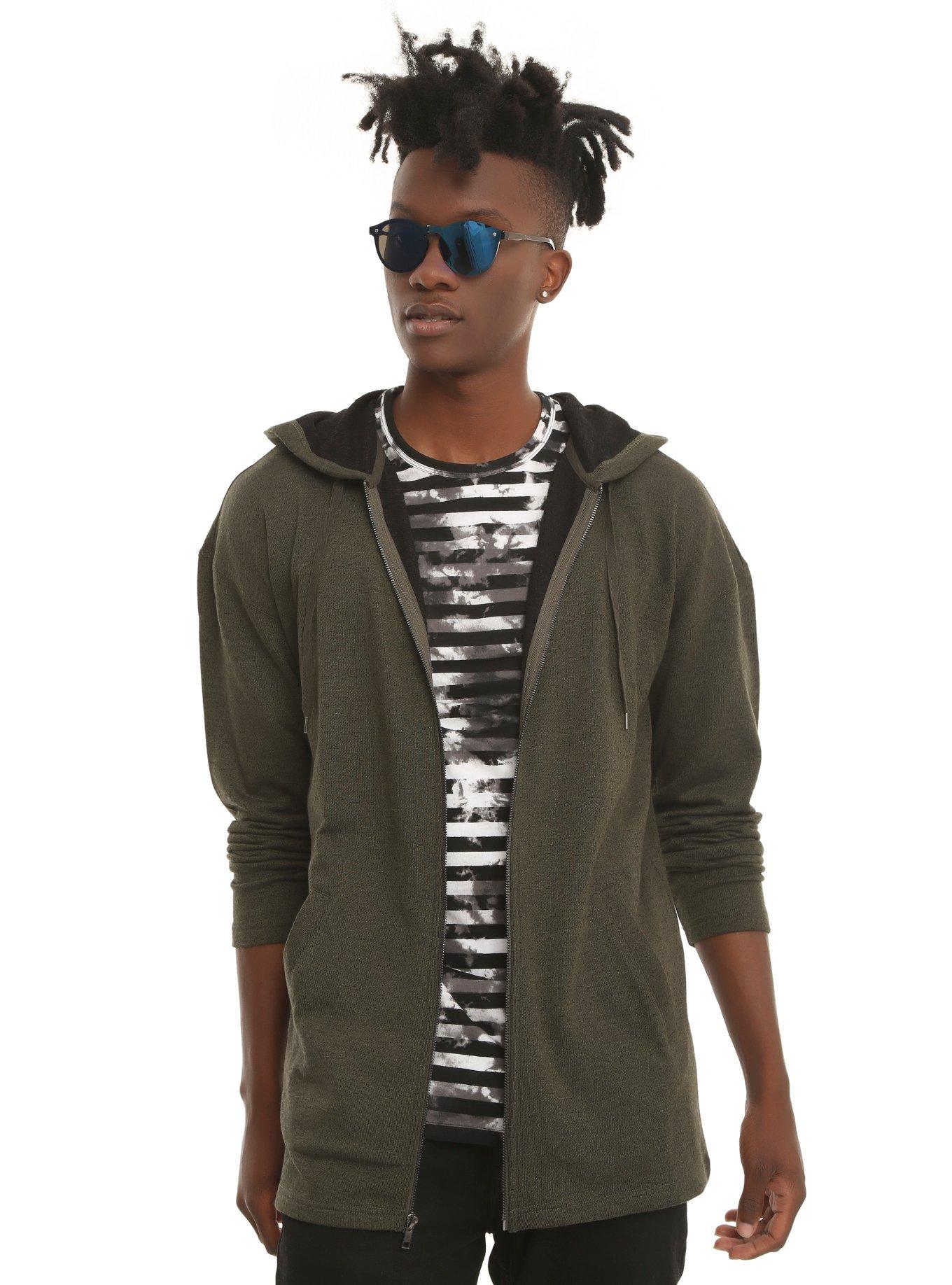 Olive Long French Terry Zip-Up Hoodie, BLACK, hi-res