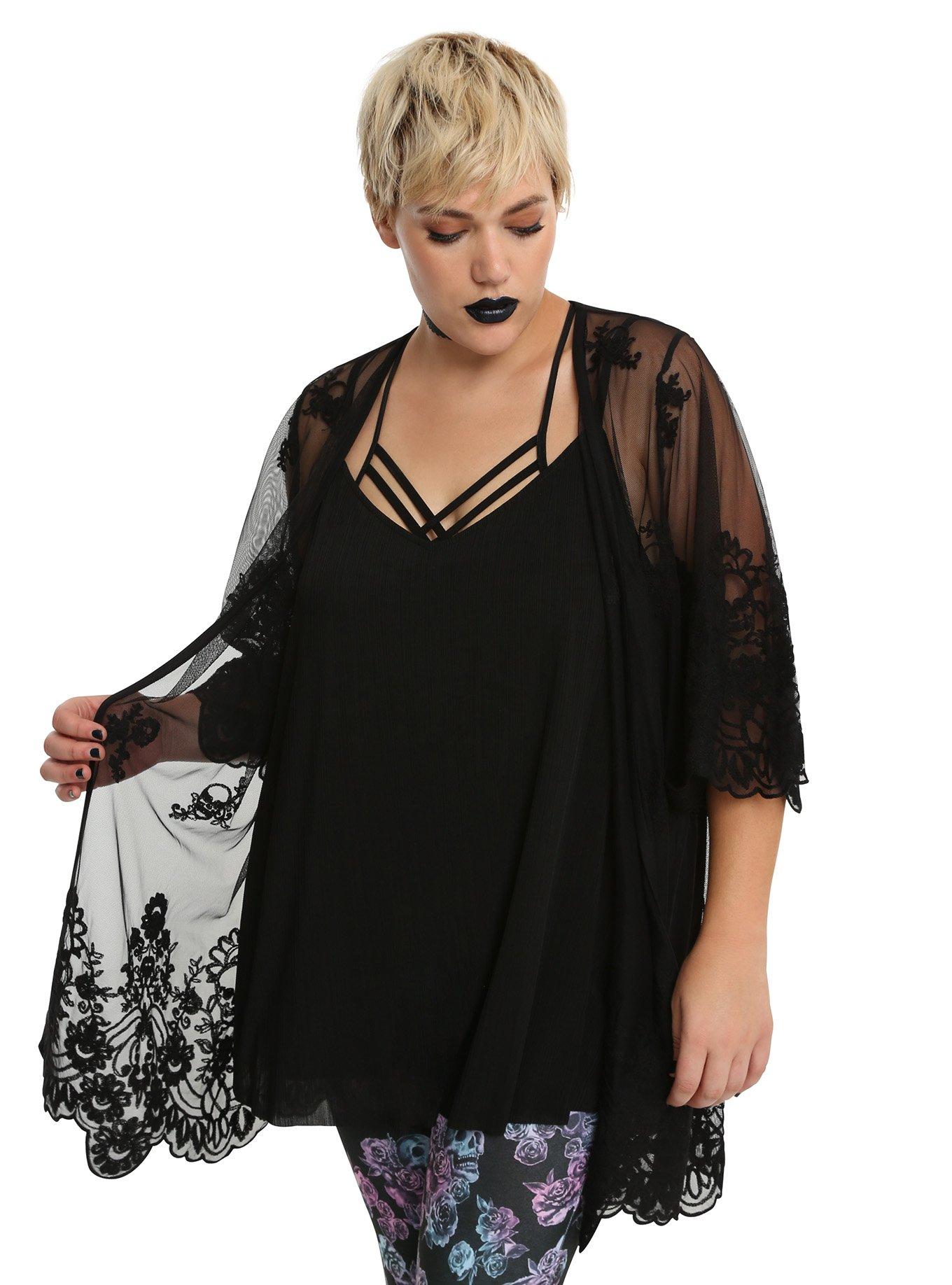 Black Embroidered Floral Skull Kimono Plus Size, BLACK, hi-res