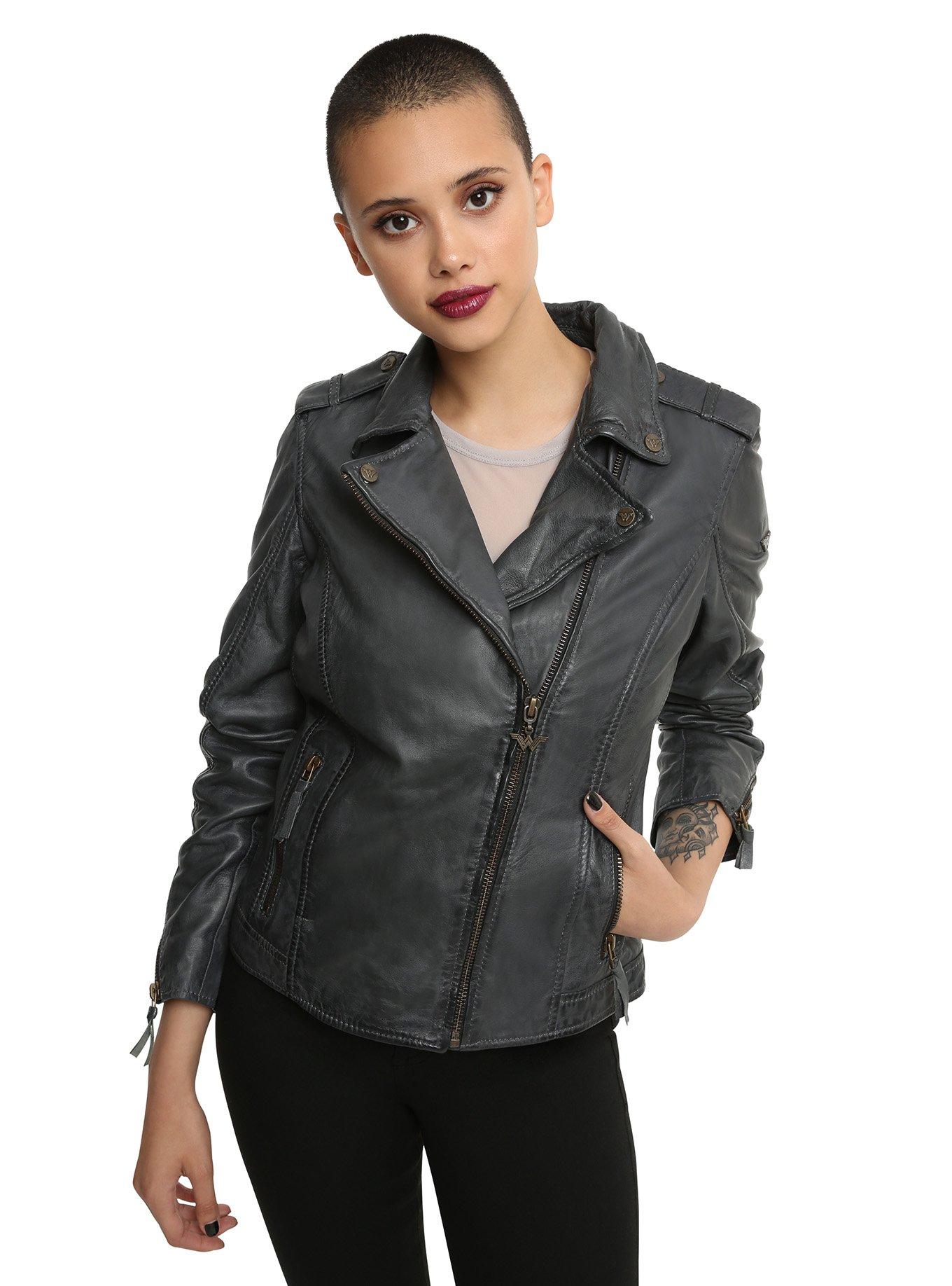 DC Comics Wonder Woman Studded Leather Girls Moto Jacket, BLACK, hi-res