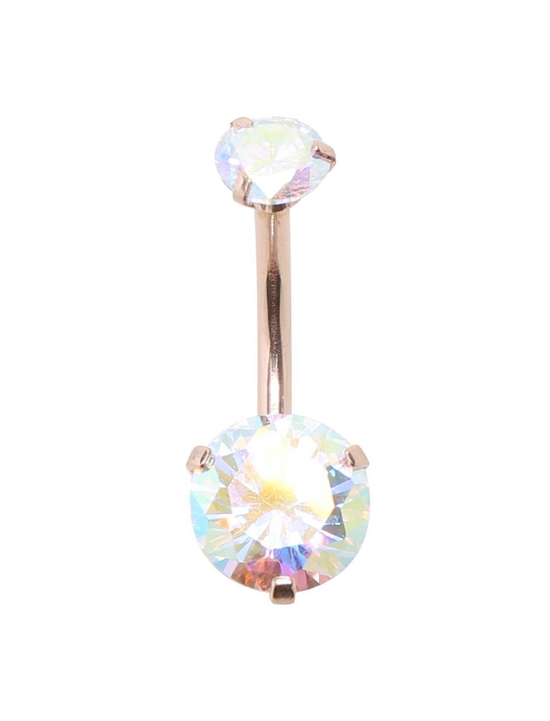 14G Gold Faceted Rainbow AB Gems Navel Barbell, , hi-res