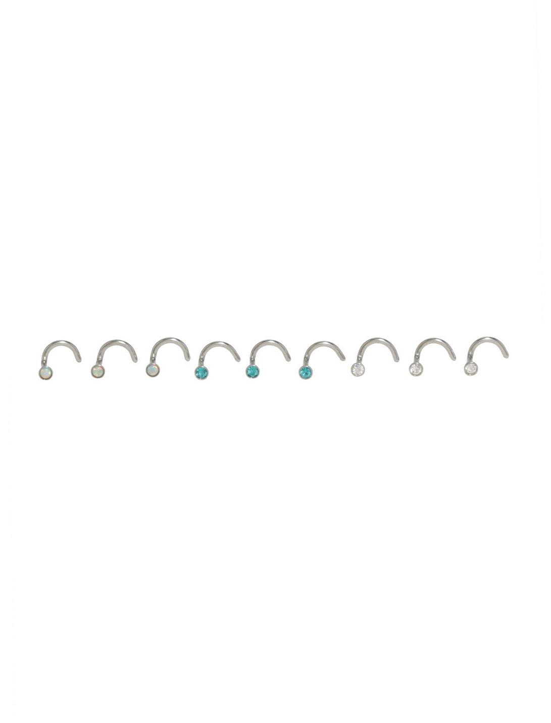 Steel Opal Turquoise & Clear Gemstone Nose Screw 9 Pack, MULTI, hi-res