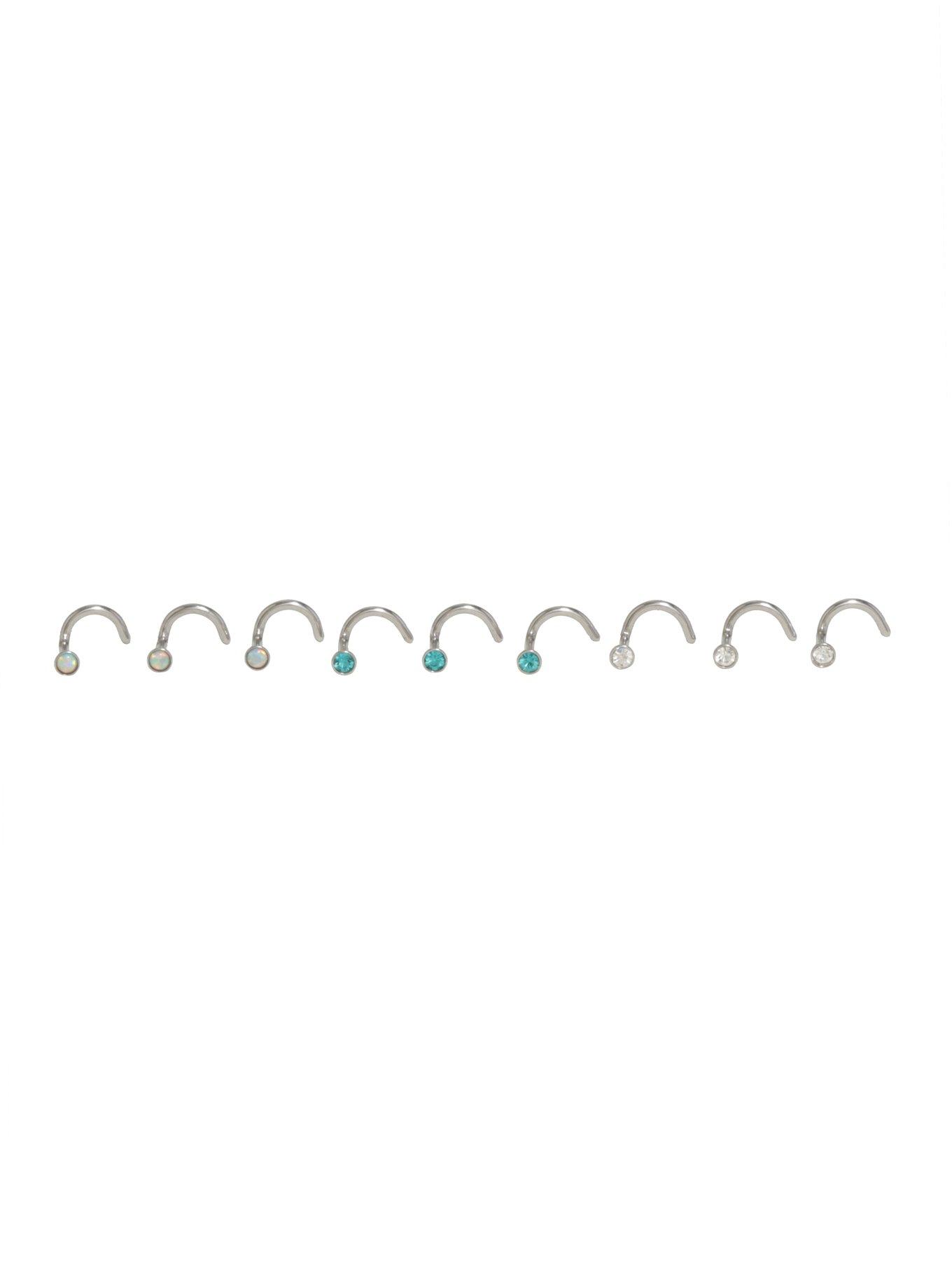 Steel Opal Turquoise & Clear Gemstone Nose Screw 9 Pack, MULTI, hi-res