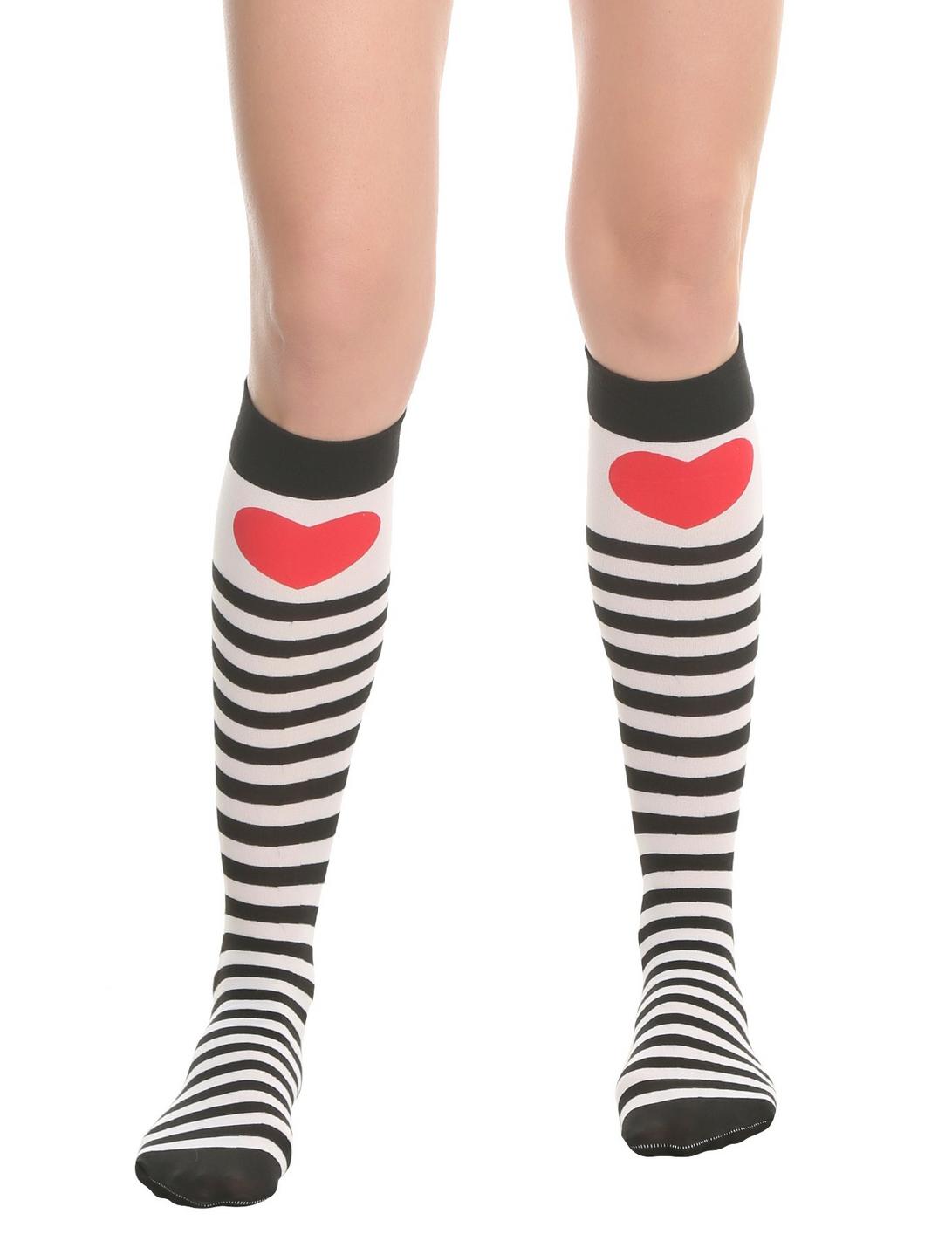 Black & White Striped Red Heart Knee-High Socks, , hi-res