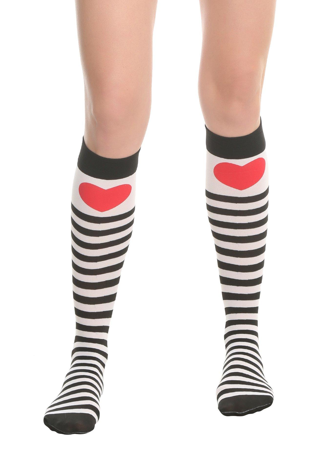 Black & White Striped Red Heart Knee-High Socks, , hi-res