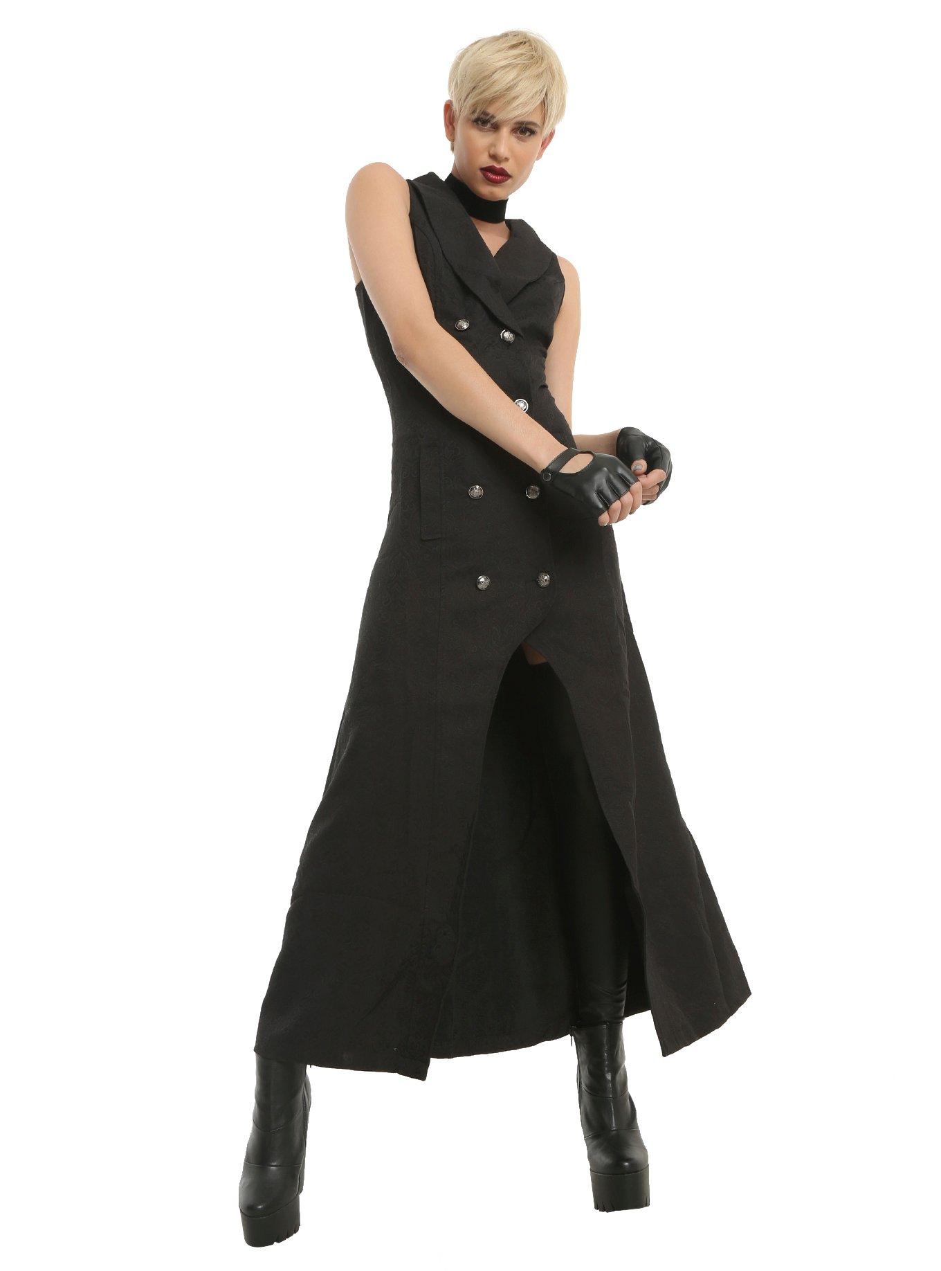 Black Brocade Hi-Low Hem Girls Vest, BLACK, hi-res