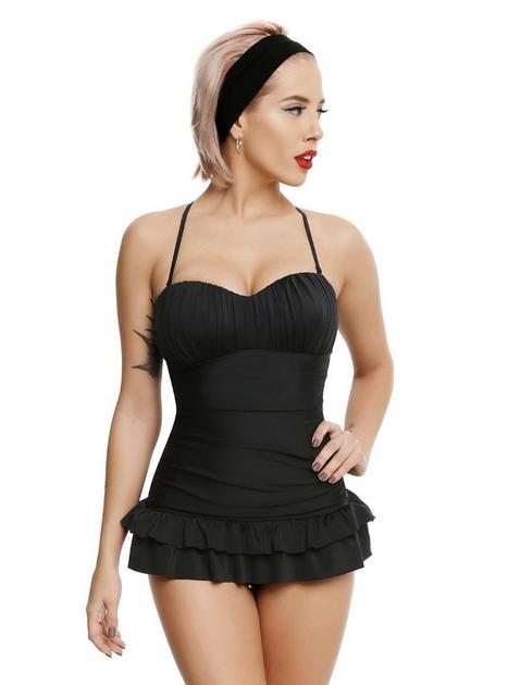 Black One-Piece Ruffle Skirt Swimsuit