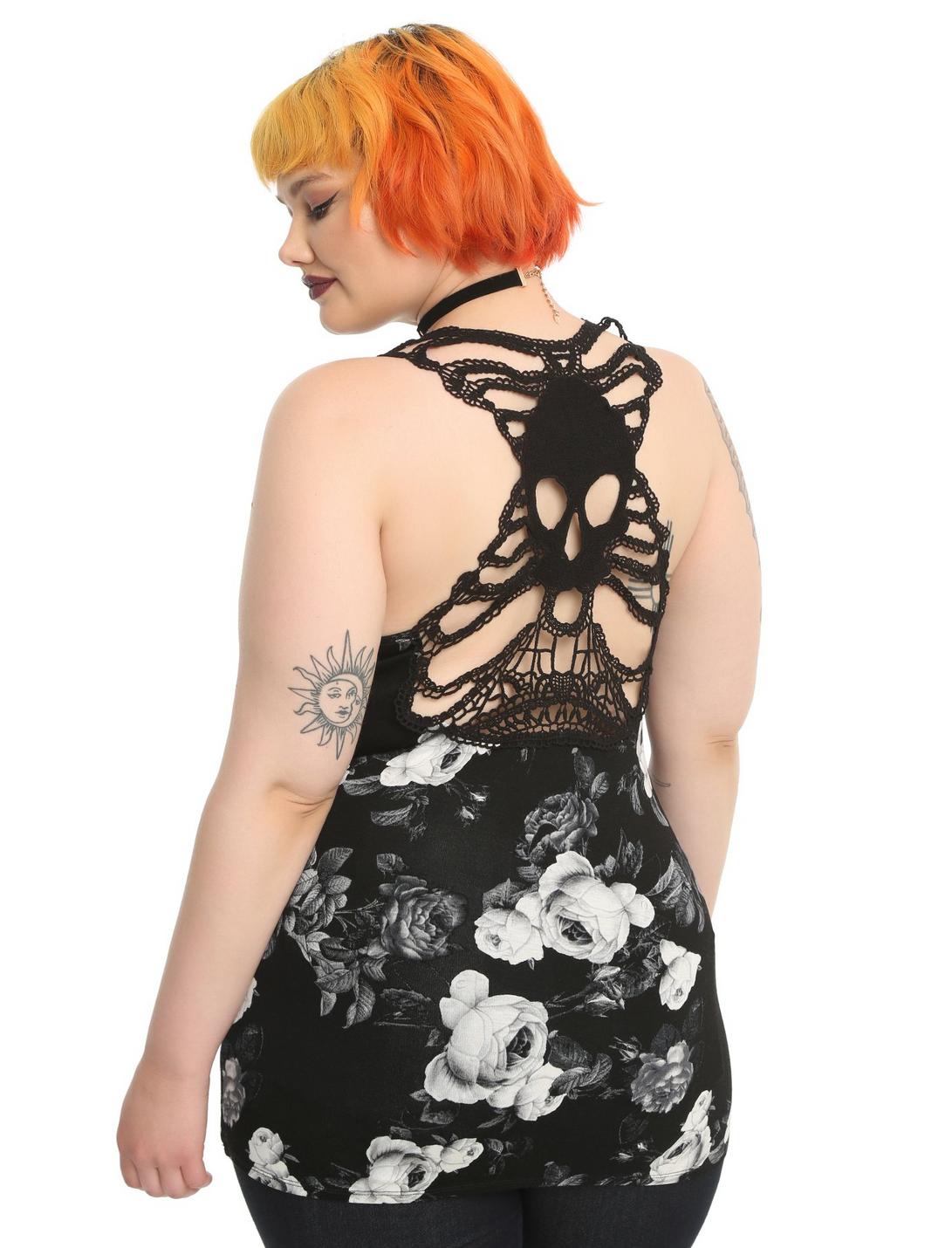 Black Floral Crochet Back Girls Tank Top Plus Size, BLACK, hi-res