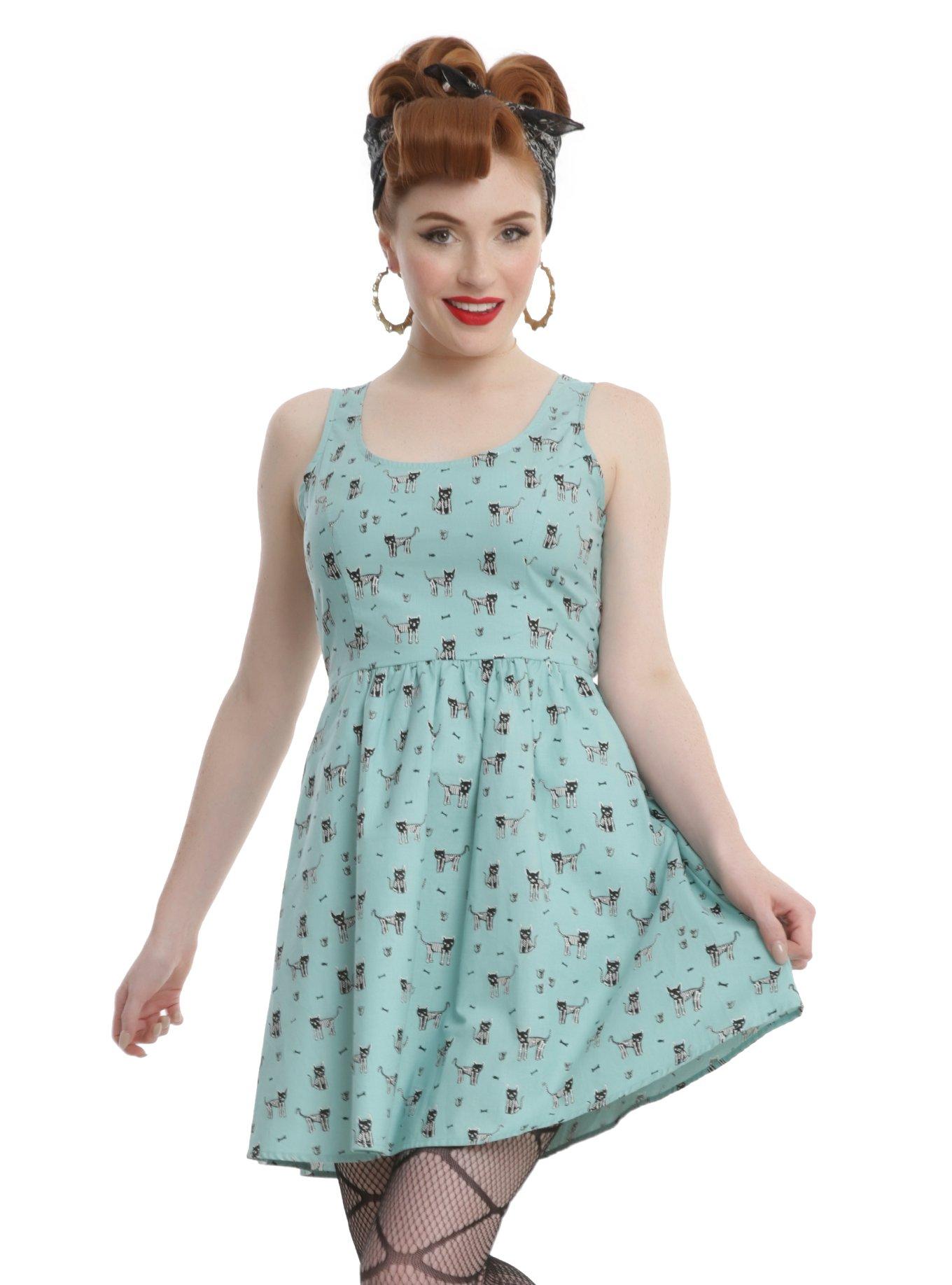 Mint Skeleton Dog And Cat Fit & Flare Dress, BLUE, hi-res