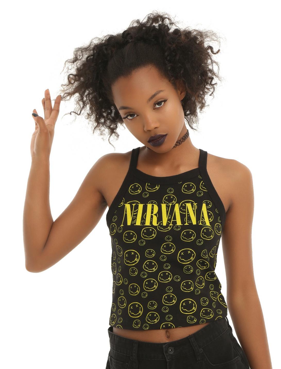 Nirvana Allover Smiley Logo Girls Tank Top, BLACK, hi-res