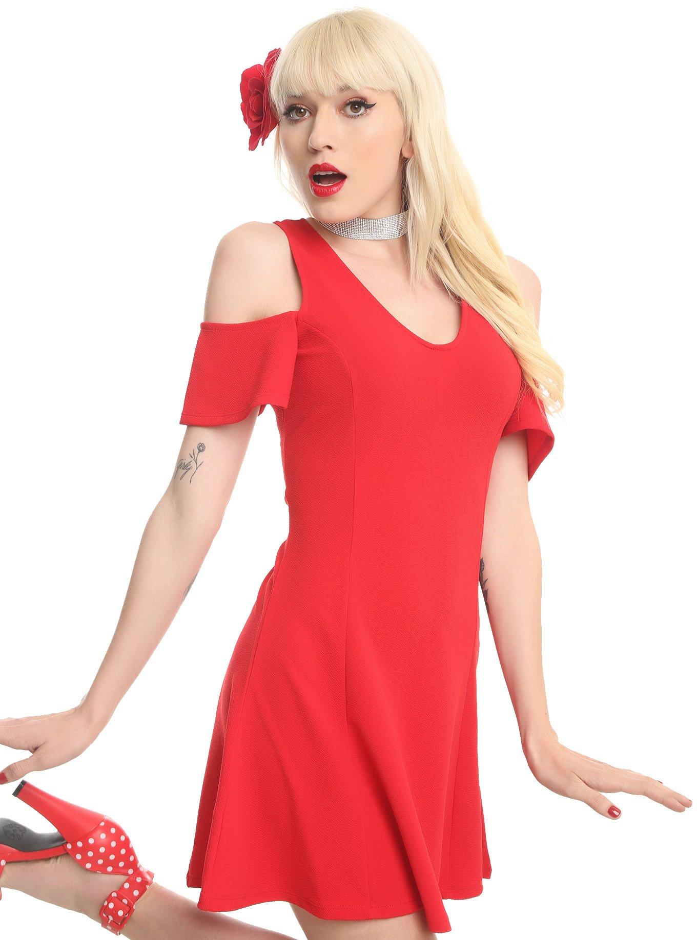 Red Flutter Sleeve Dress, RED, hi-res