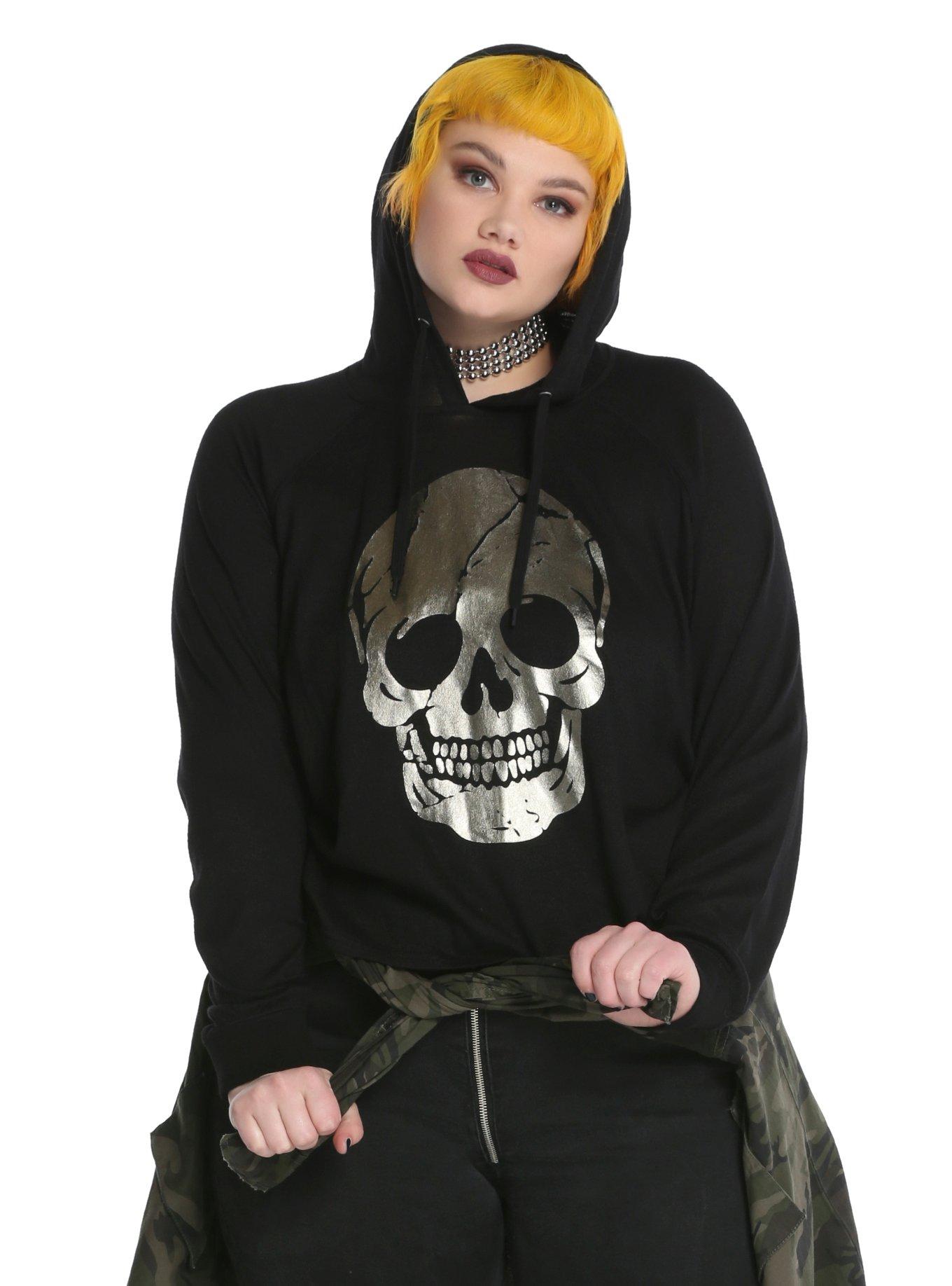 Gold Foil Skull Girls Hoodie Plus Size, BLACK, hi-res