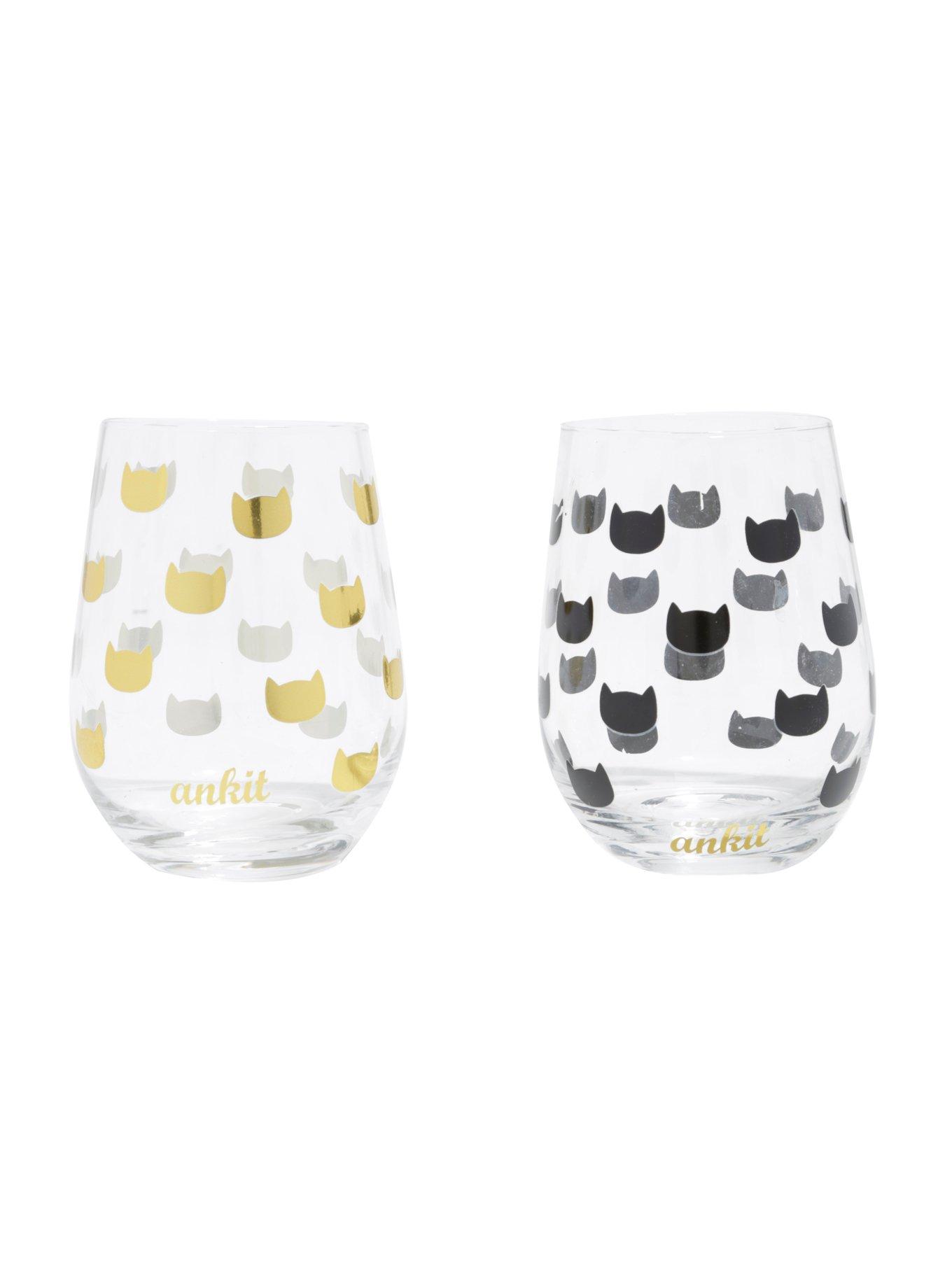 Ankit Kitty Head Stemless Wine Glasses Set, , hi-res