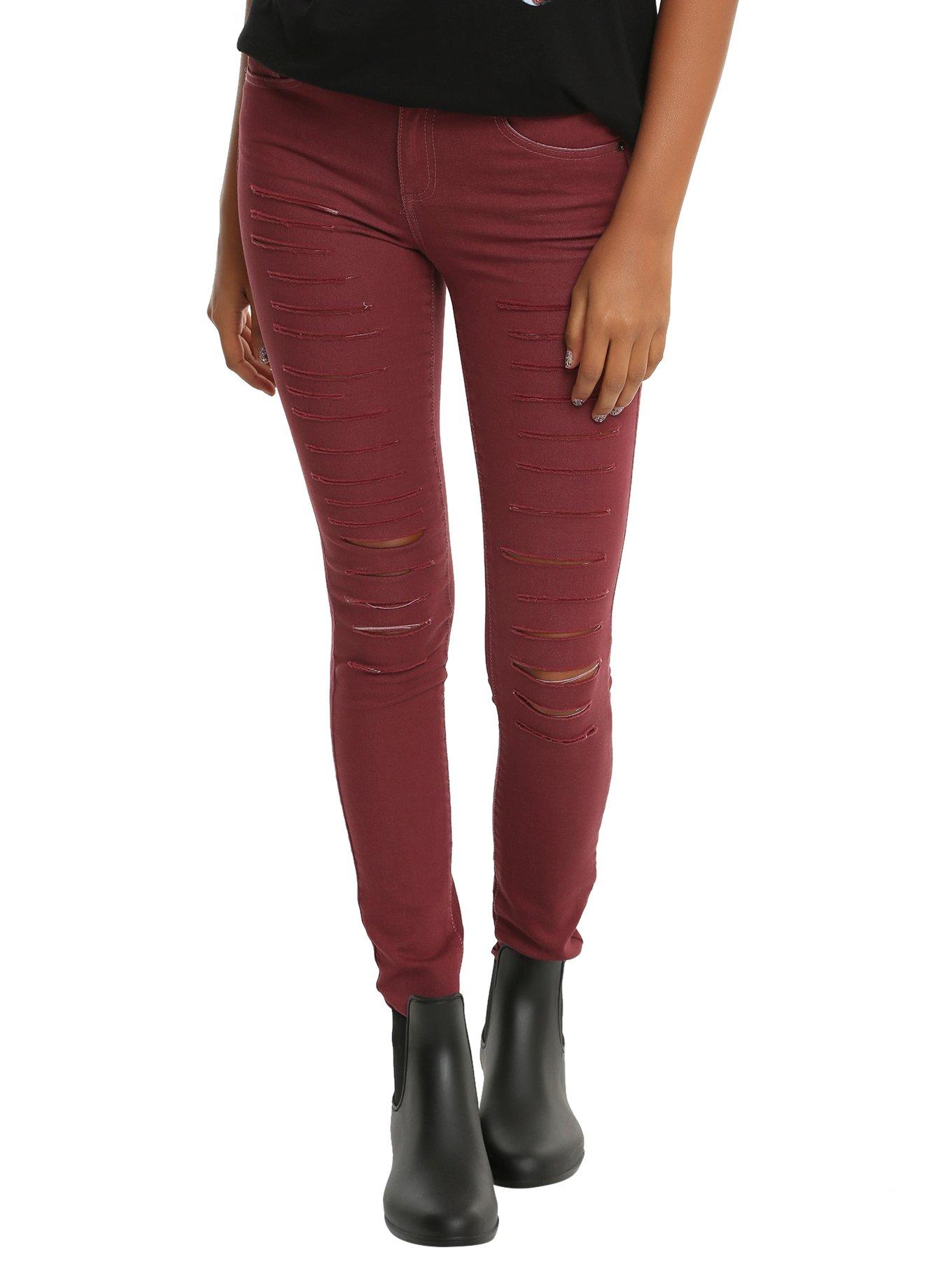 Faded Burgundy Destructed Skinny Jeans, RED, hi-res