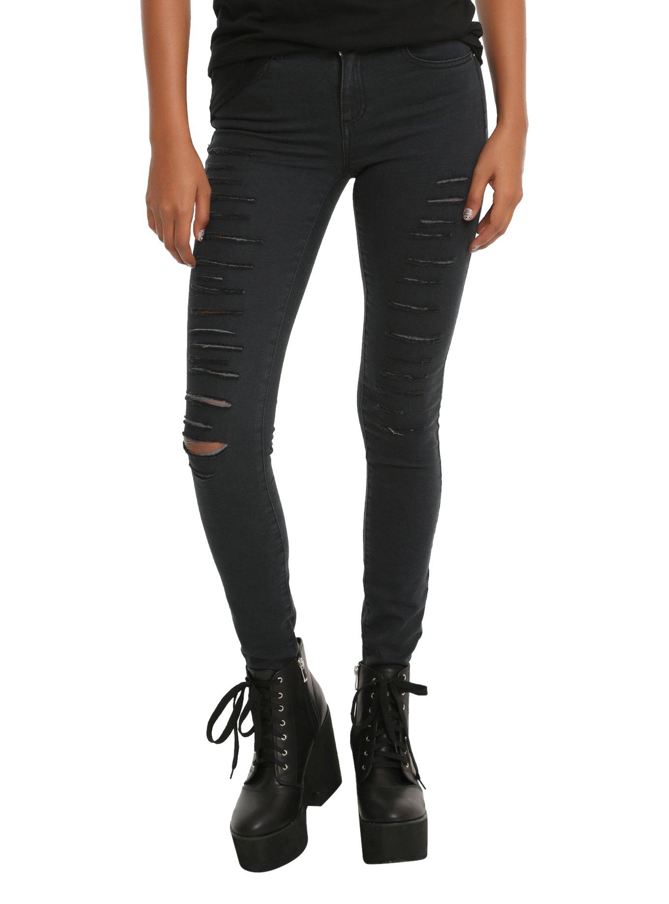 Faded Black Destructed Skinny Jeans, BLACK, hi-res