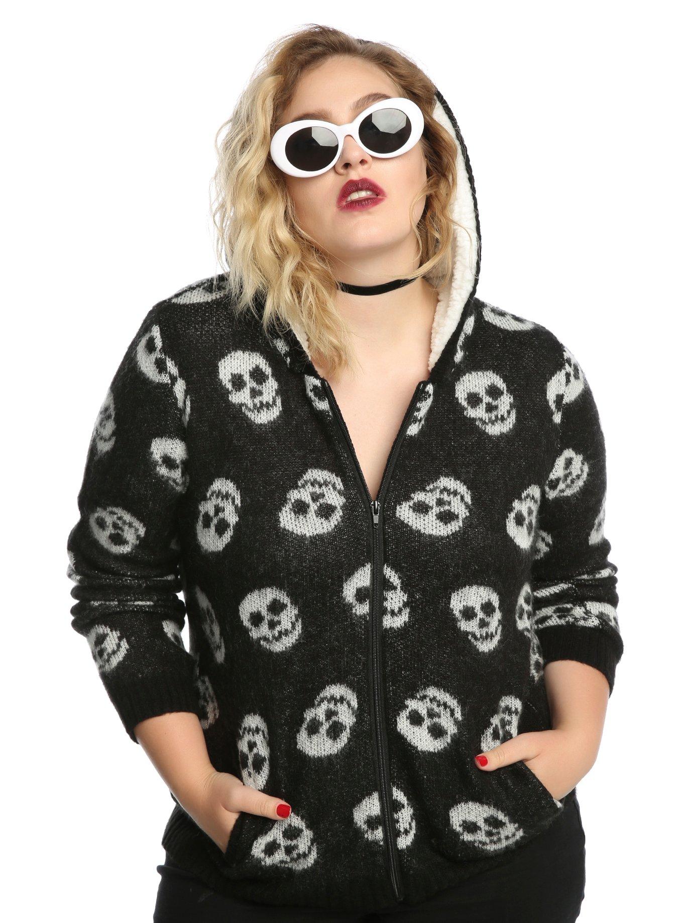 Skull Girls Hooded Sherpa Sweater Plus Size, BLACK, hi-res