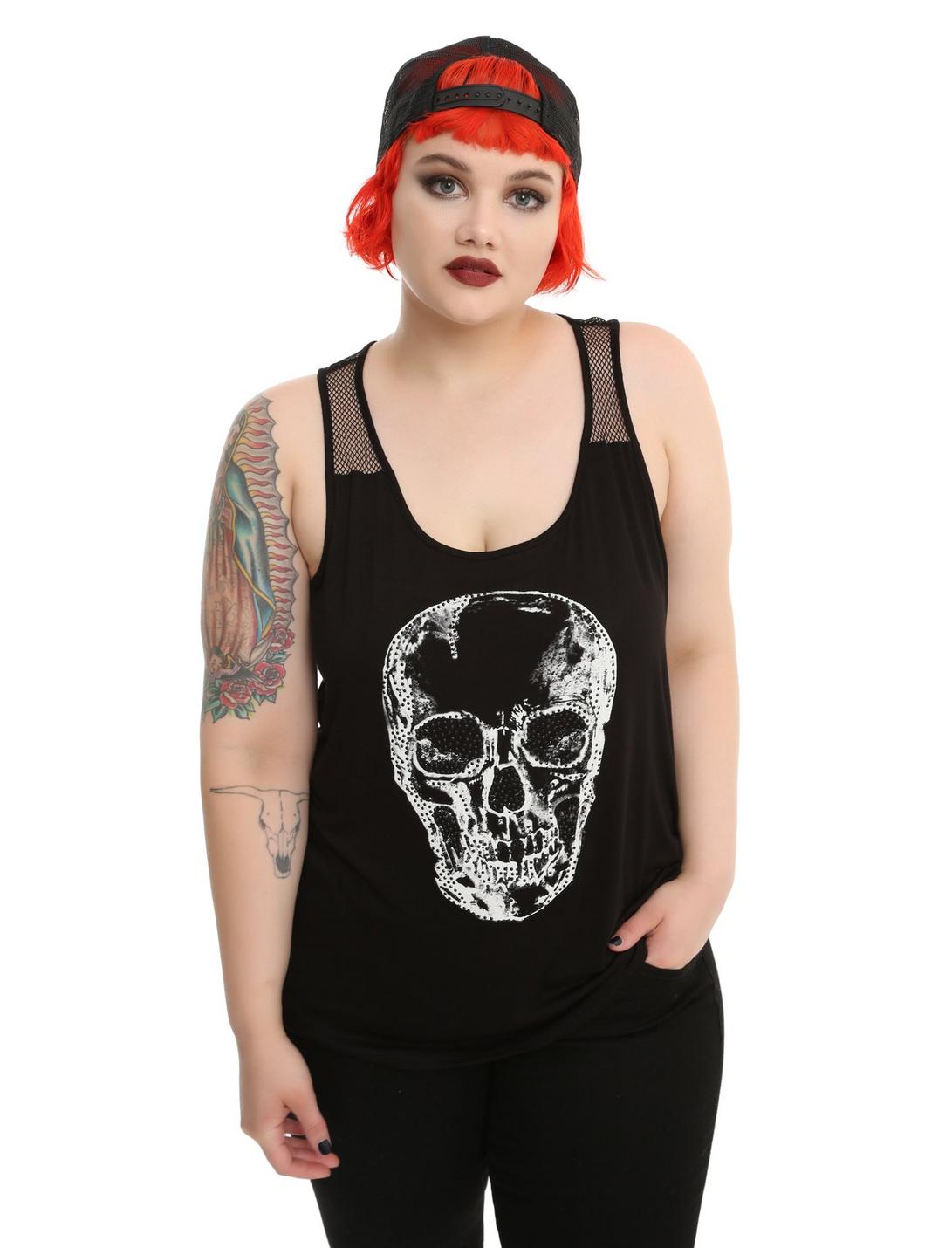 Rhinestone Skull Fishnet Back Girls Tank Top Plus Size, BLACK, hi-res