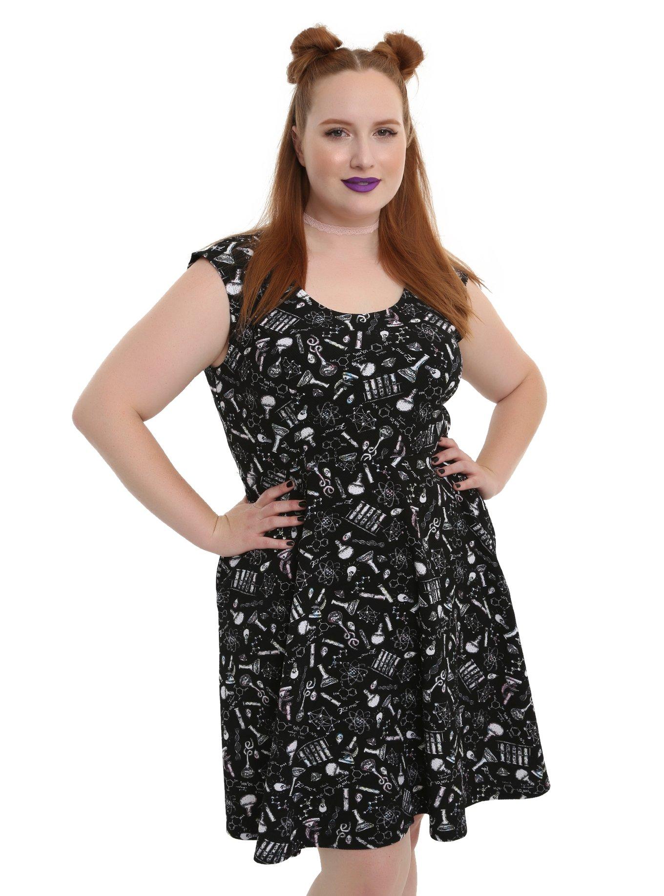 Black Pastel Science Print Fit & Flare Dress Plus Size, BLACK, hi-res
