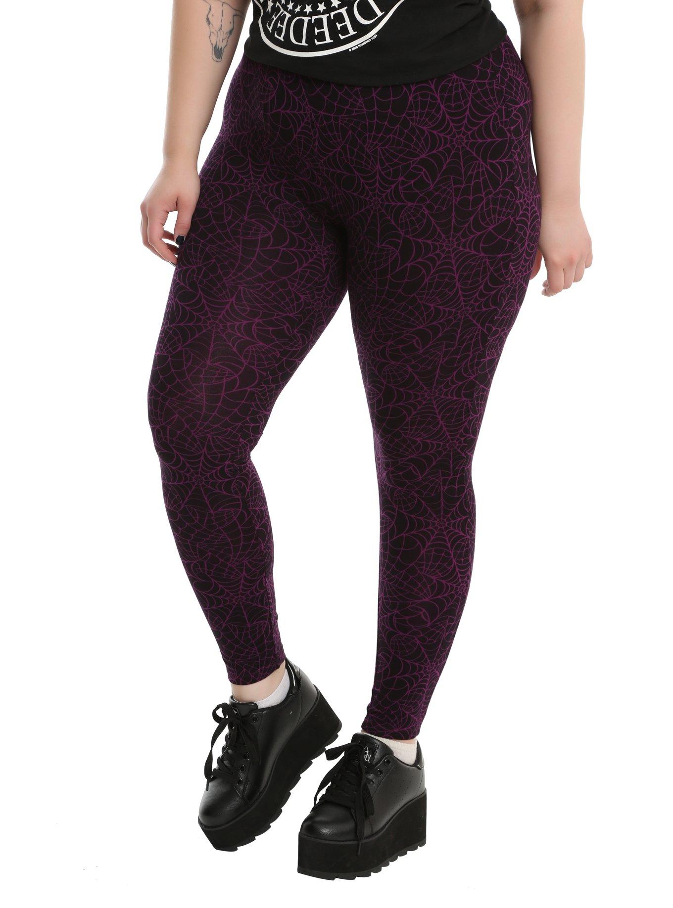 Blackheart Purple & Black Spiderweb Leggings Plus Size, BLACK, hi-res