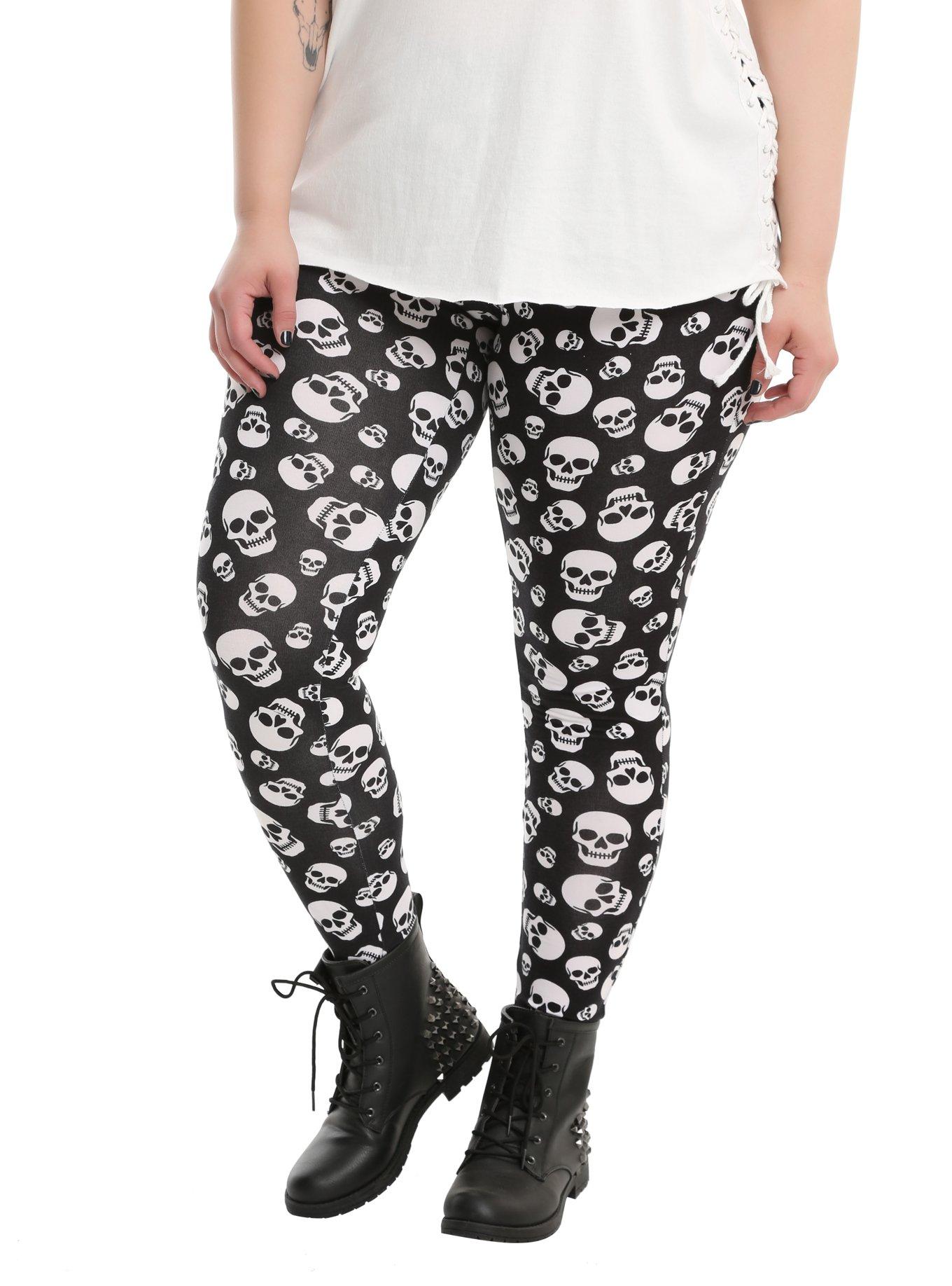 Blackheart Black & White Skull Leggings Plus Size, BLACK, hi-res