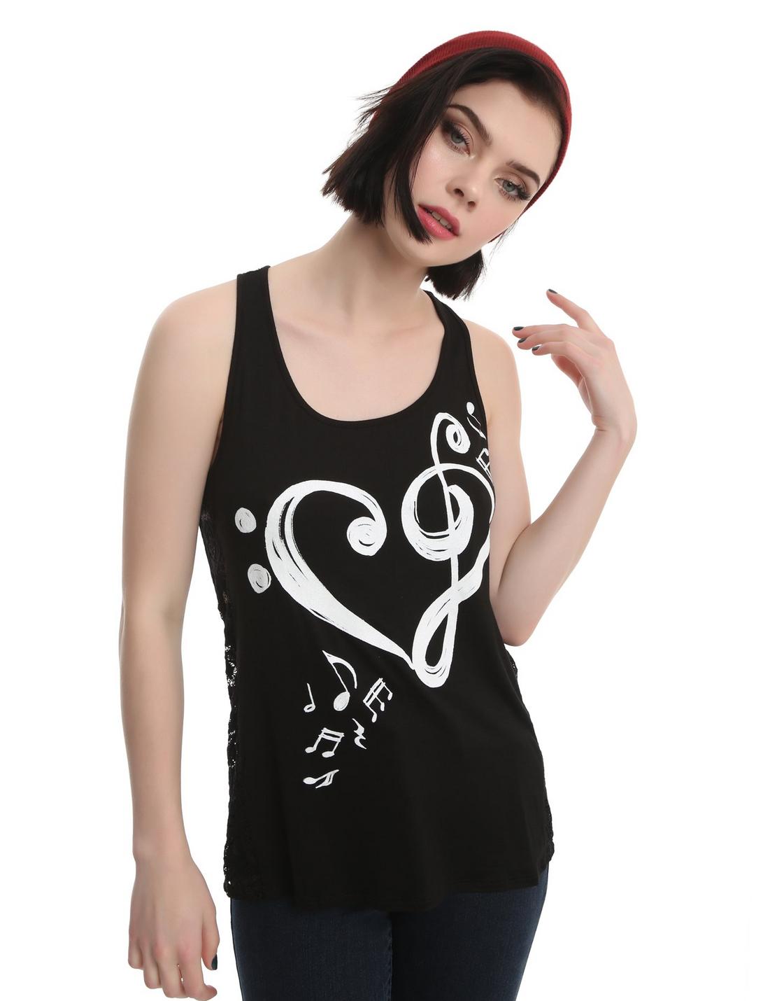 Music Note Heart Lace Girls Tank Top, BLACK, hi-res
