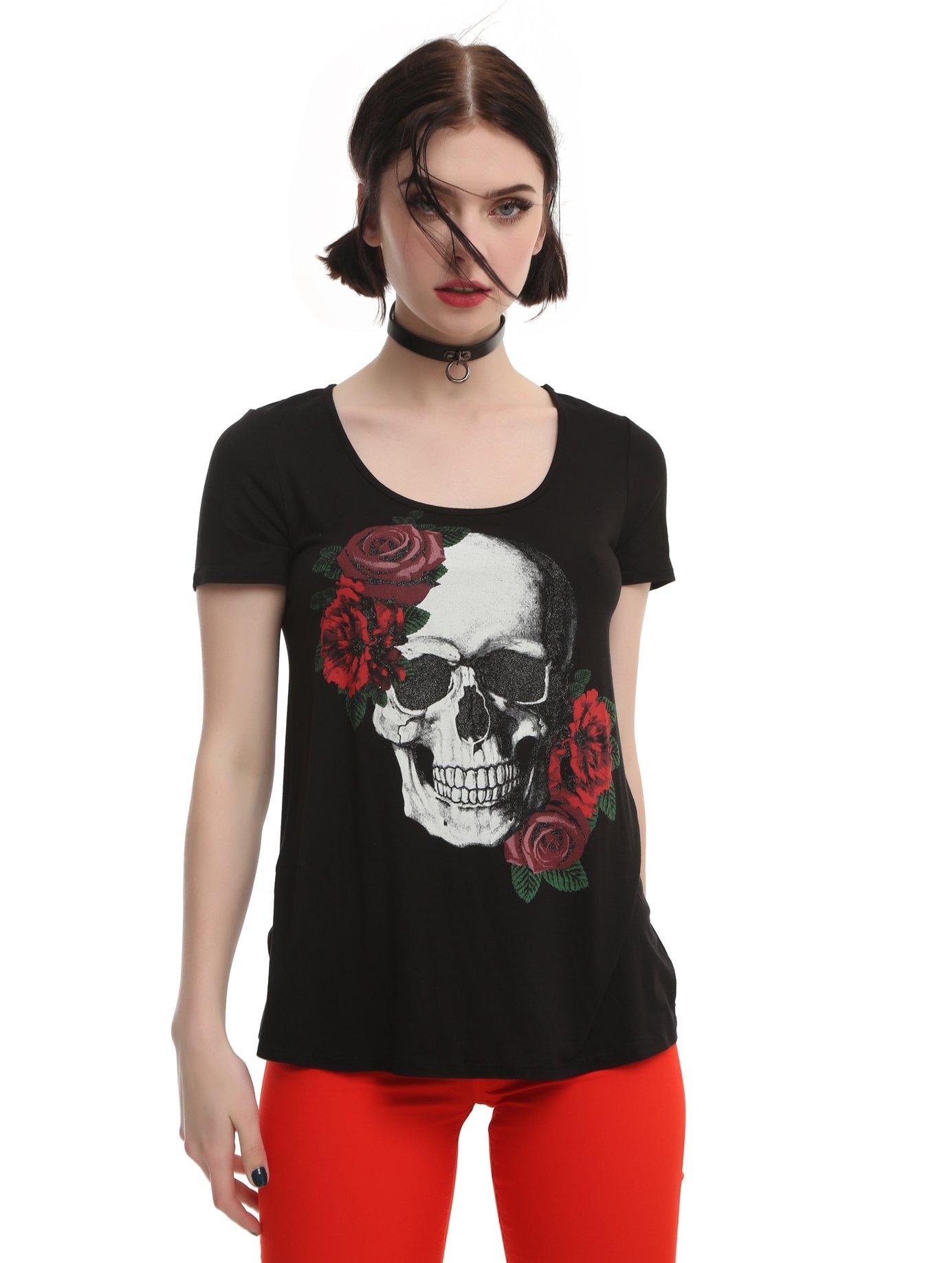 Roses Glitter Skull Fishnet Back Girls Top | Hot Topic