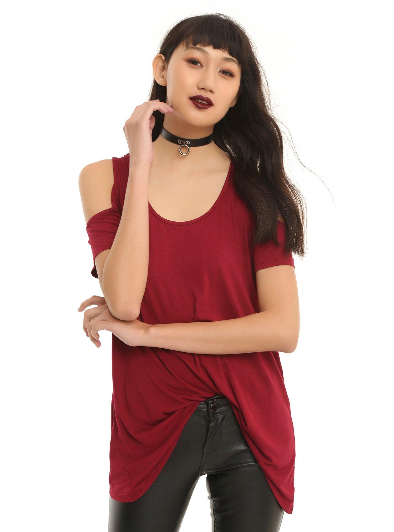 Burgundy And Black Lace Back Cold Shoulder Girls Top, RED, hi-res