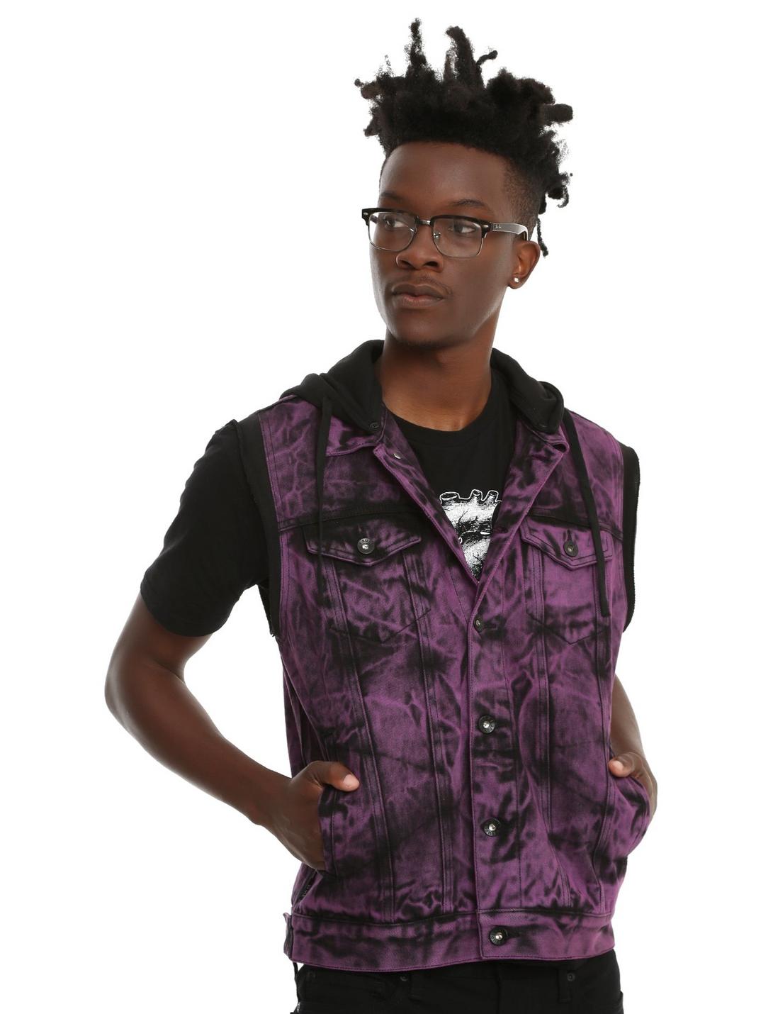 XXX RUDE Purple & Black Wash Hooded Denim Vest, PURPLE, hi-res