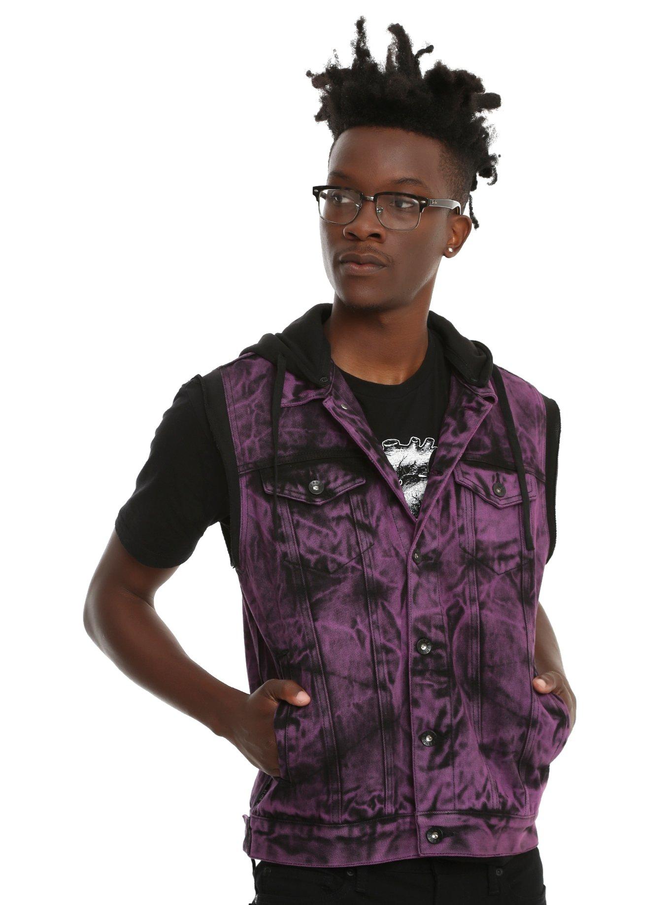 XXX RUDE Purple & Black Wash Hooded Denim Vest, PURPLE, hi-res