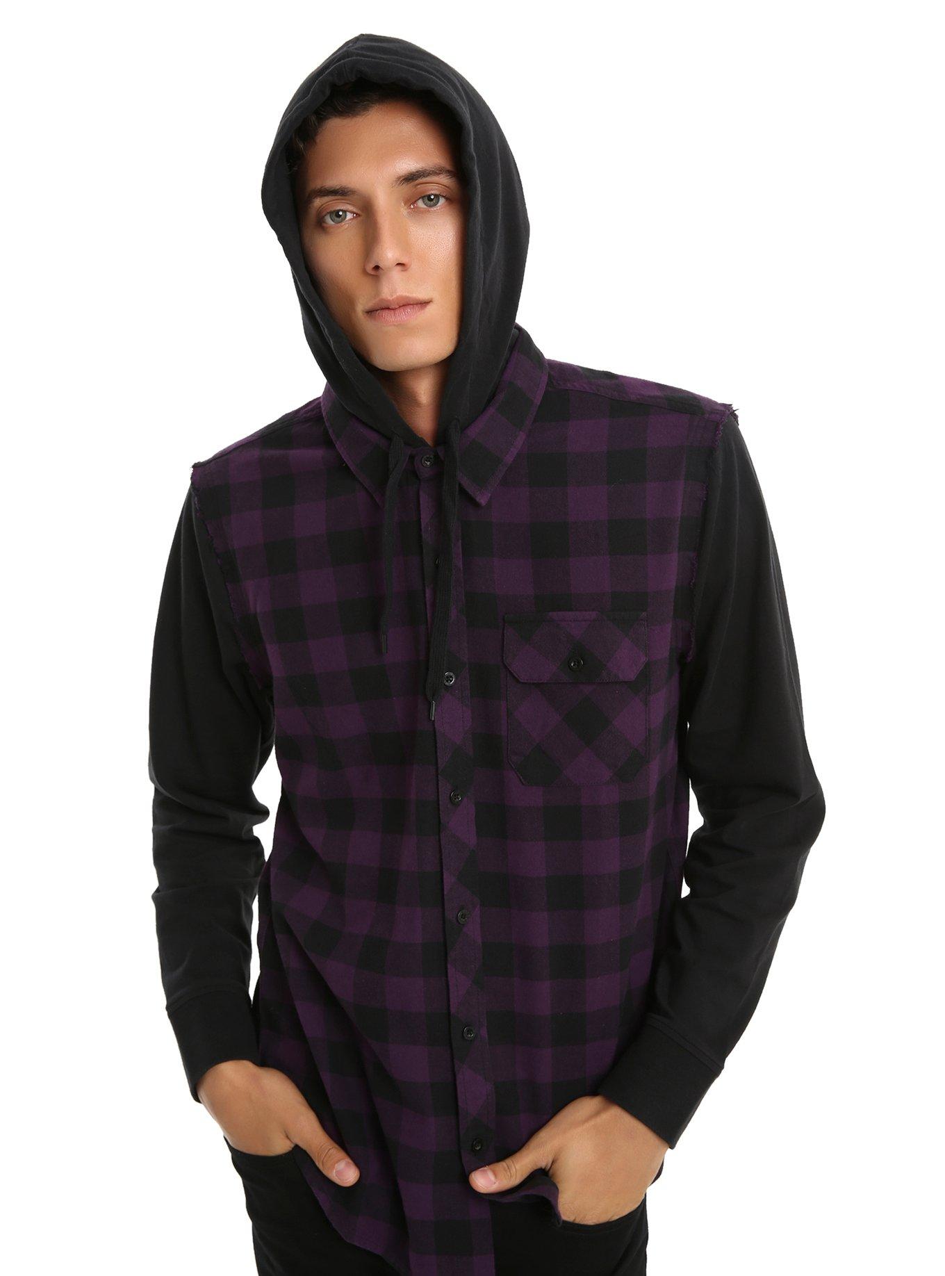 XXX RUDE Purple Buffalo Plaid & Fleece Sleeves Hooded Woven Button-Up, PURPLE, hi-res