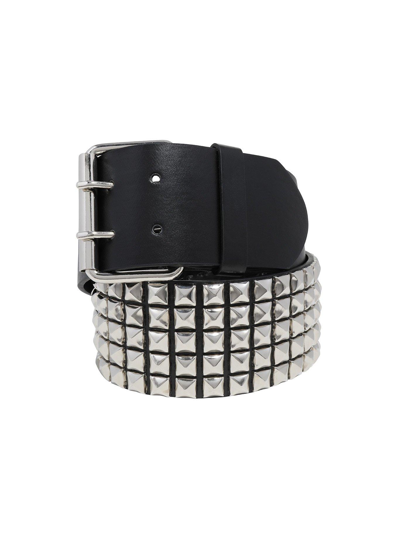 Black Faux Leather 5 Row Pyramid Stud Belt, BLACK, hi-res