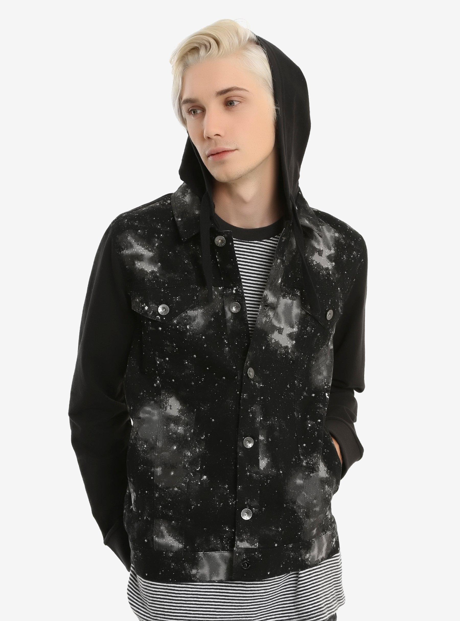 XXX RUDE Black & White Galaxy Denim Black Fleece Hooded Jacket, BLACK, hi-res