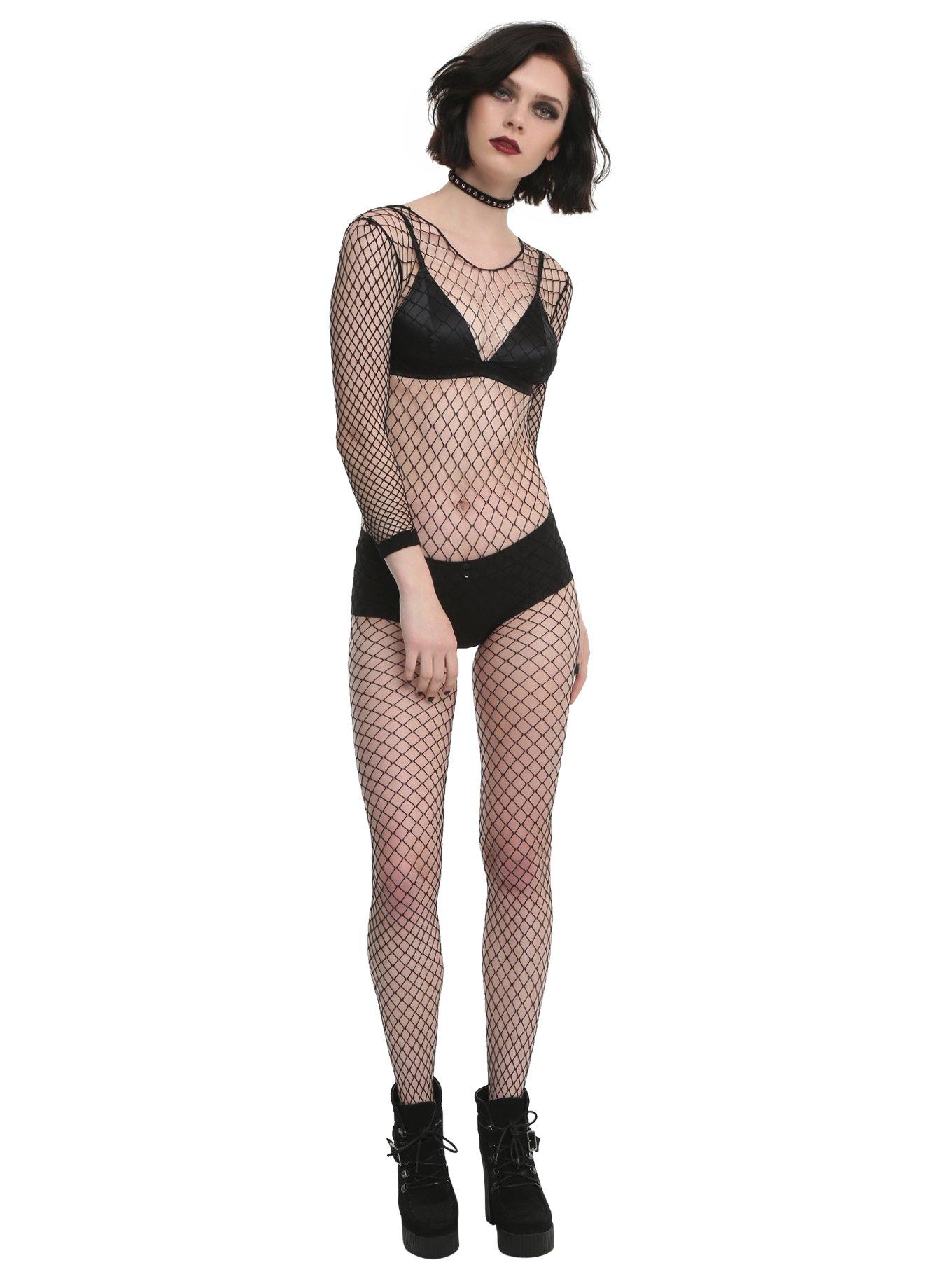 Bad Girl' Black Fishnet Lace Up Black Bodysuit