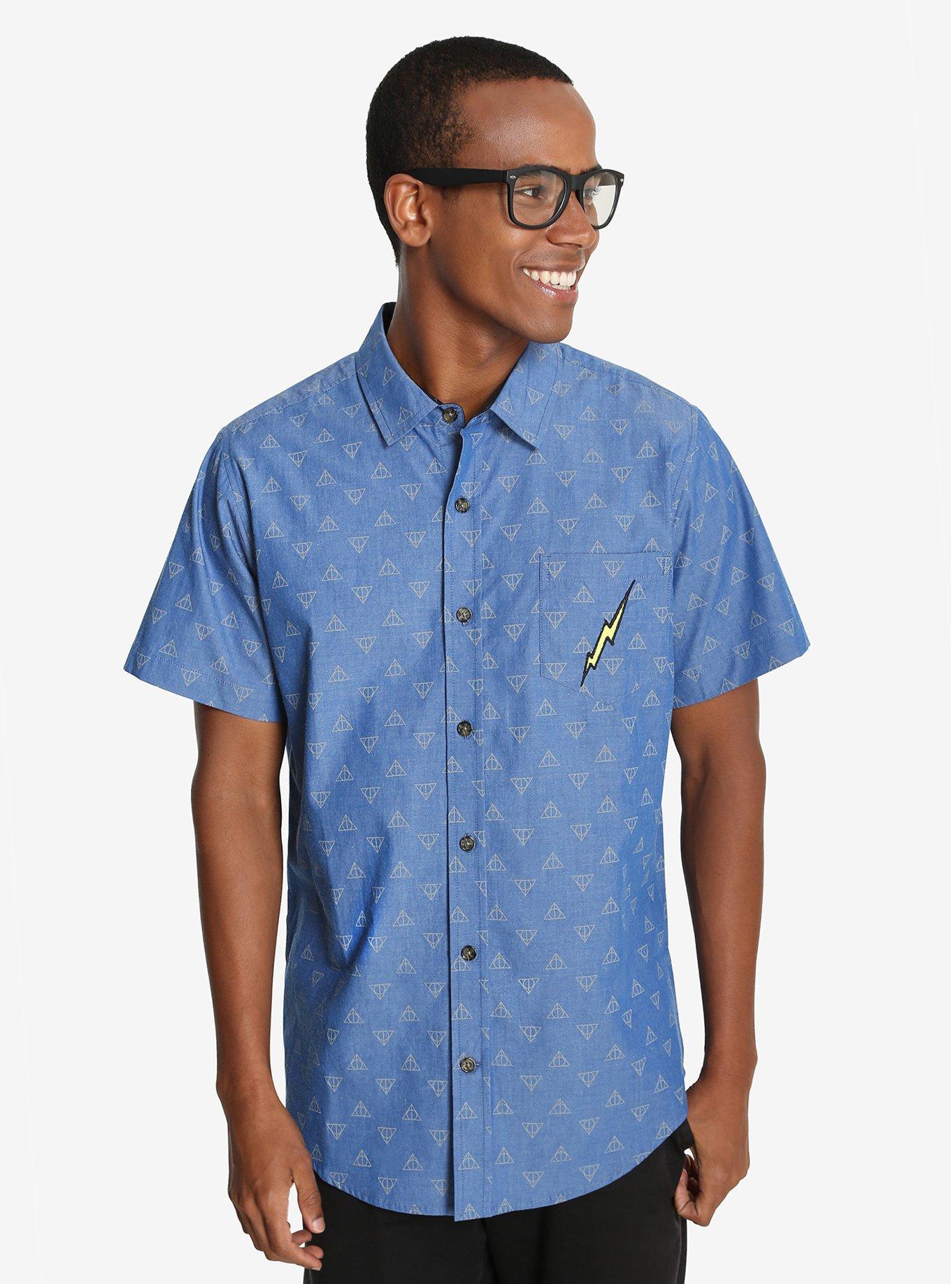 Harry Potter Deathly Hallows Chambray Woven Button-Up, NAVY, hi-res