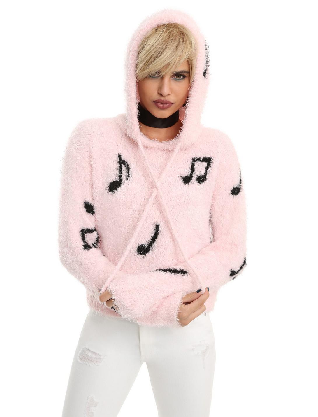 Pastel Pink Music Note Fuzzy Sweater, BLACK, hi-res