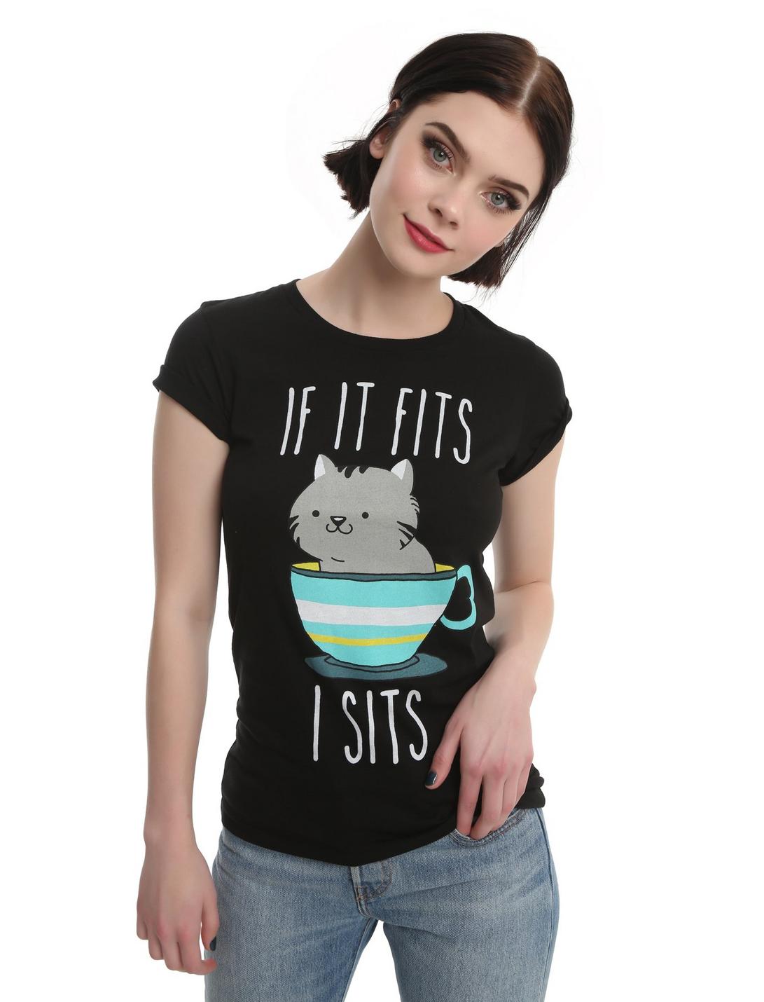 If It Fits I Sits Cat Girls T-Shirt, BLACK, hi-res