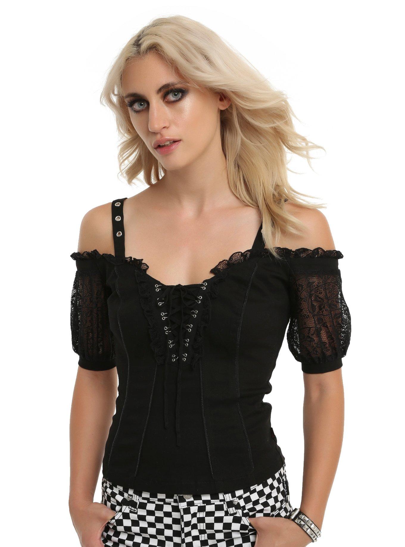 Tripp Black Lace-Up Cold Shoulder Corset Top, BLACK, hi-res