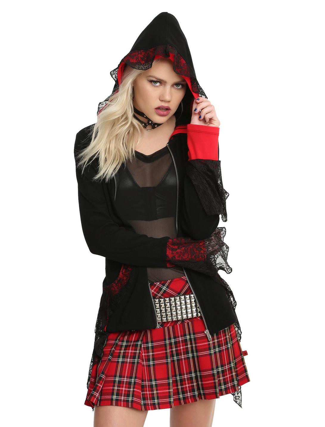 Tripp Black & Red Lace Bell Sleeve Lace-Up Back Girls Hoodie, BLACK, hi-res