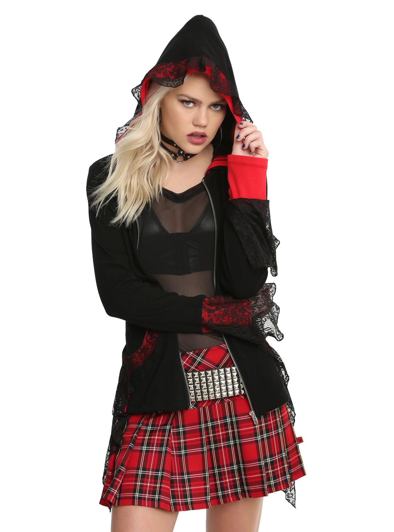 Tripp Black & Red Lace Bell Sleeve Lace-Up Back Girls Hoodie, BLACK, hi-res