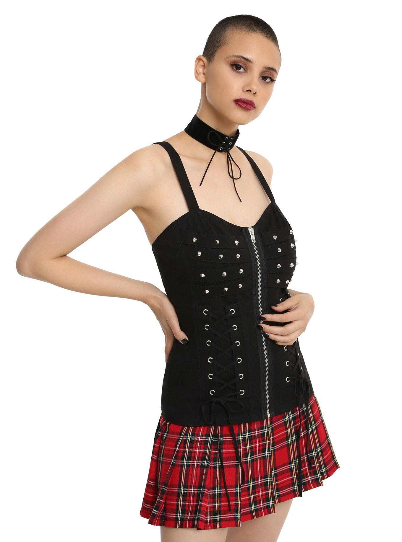 Tripp Black Cone Stud Lace-Up Corset, BLACK, hi-res